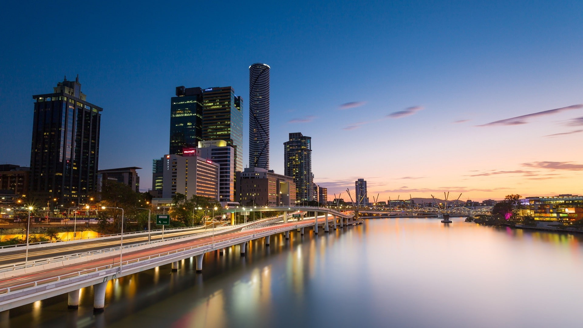 1080P, landscape, outdoors, long exposure, cityscape, office building exterior, no people, reflection, night, building exterior, architecture, bridge - man made structure, HD Wallpaper