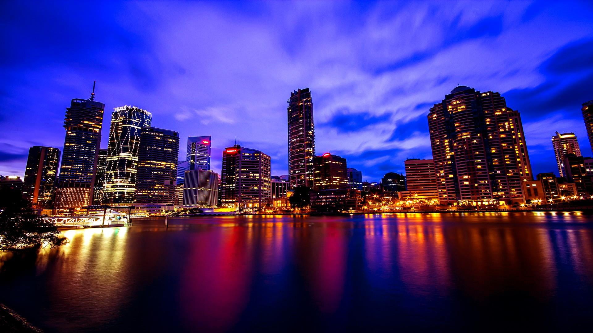 skyscraper, travel destinations, water, office building exterior, sky, built structure, illuminated, tower, no people, city, buildings, building, building exterior, HD Wallpaper