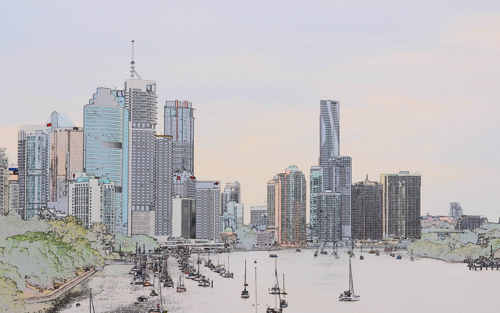 built structure, tower, skyscraper, day, sky, office, Artistic, cityscape, City, landscape, Brisbane, downtown district, building exterior, 1080P, Cities, HD Wallpaper