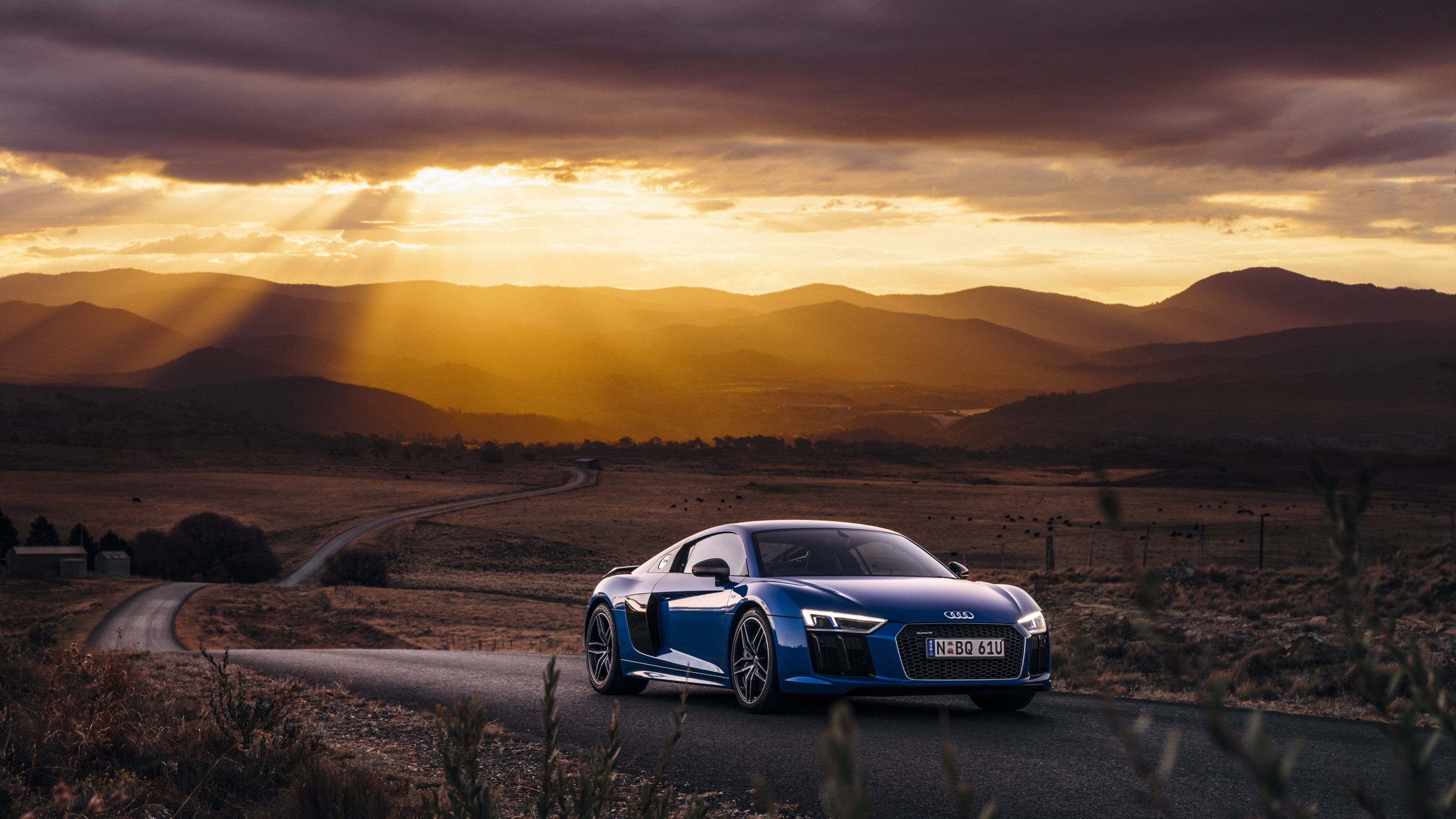 road, nature, clouds, Audi R8, 4K, Hills, mountains, landscape, car, Sun Rays, vehicle, Audi, Super Car, plants, sports car, field, Blue Cars, HD Wallpaper