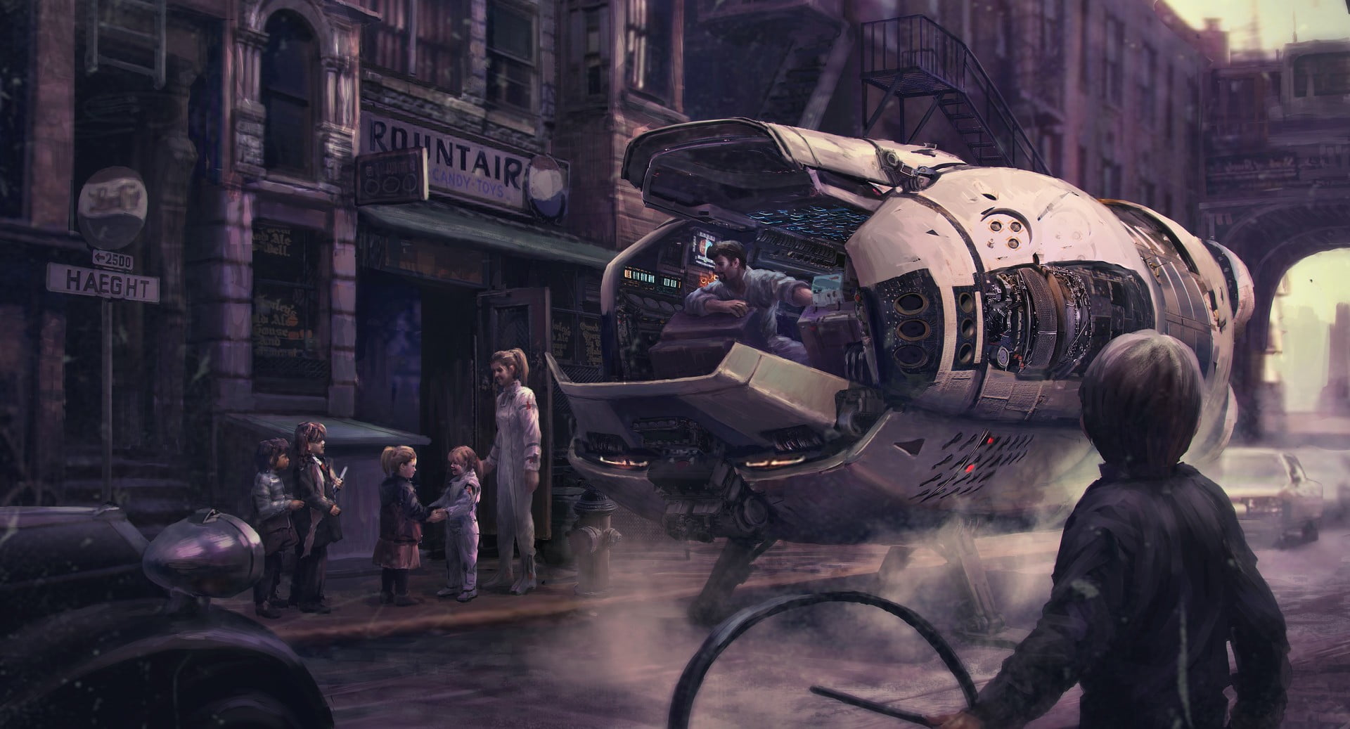 concept art, science fiction, standard, building, sign, day, text, mode of transportation, group of people, men, city life, real people, rain, built structure, HD Wallpaper