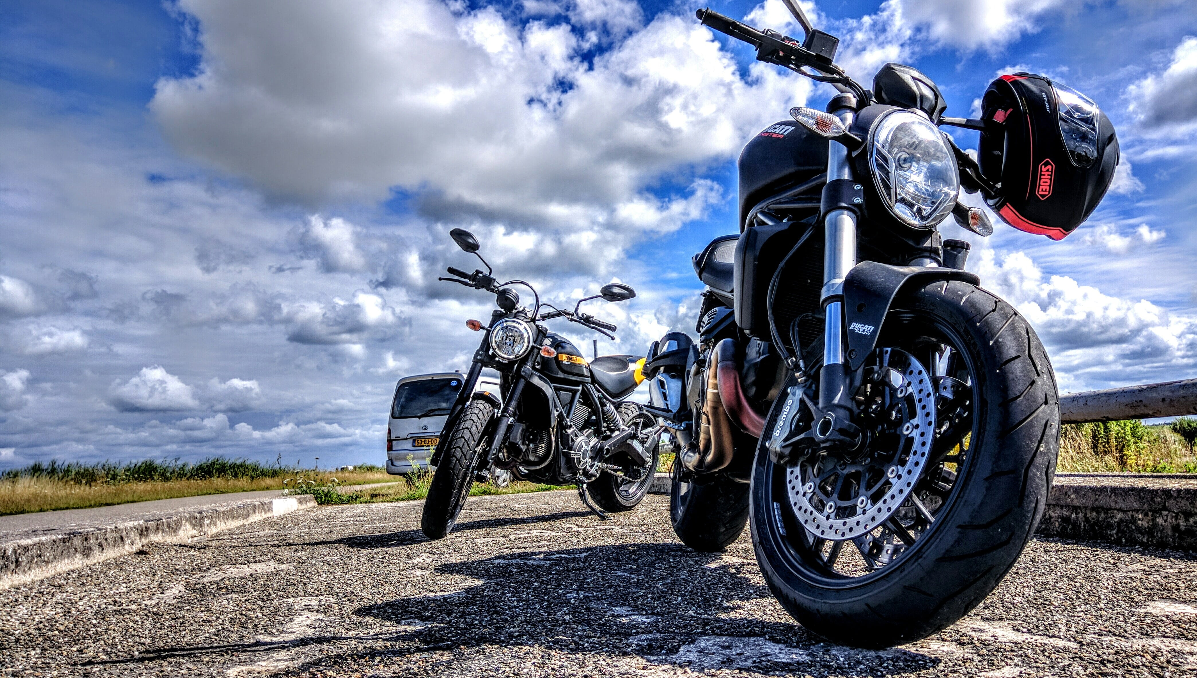 tire, standard, biker, 4K, adventure, sport, ducati, mode of transportation, clouds, landscape, motorsport, outdoors, transportation, wheel, sky, road trip, HD Wallpaper