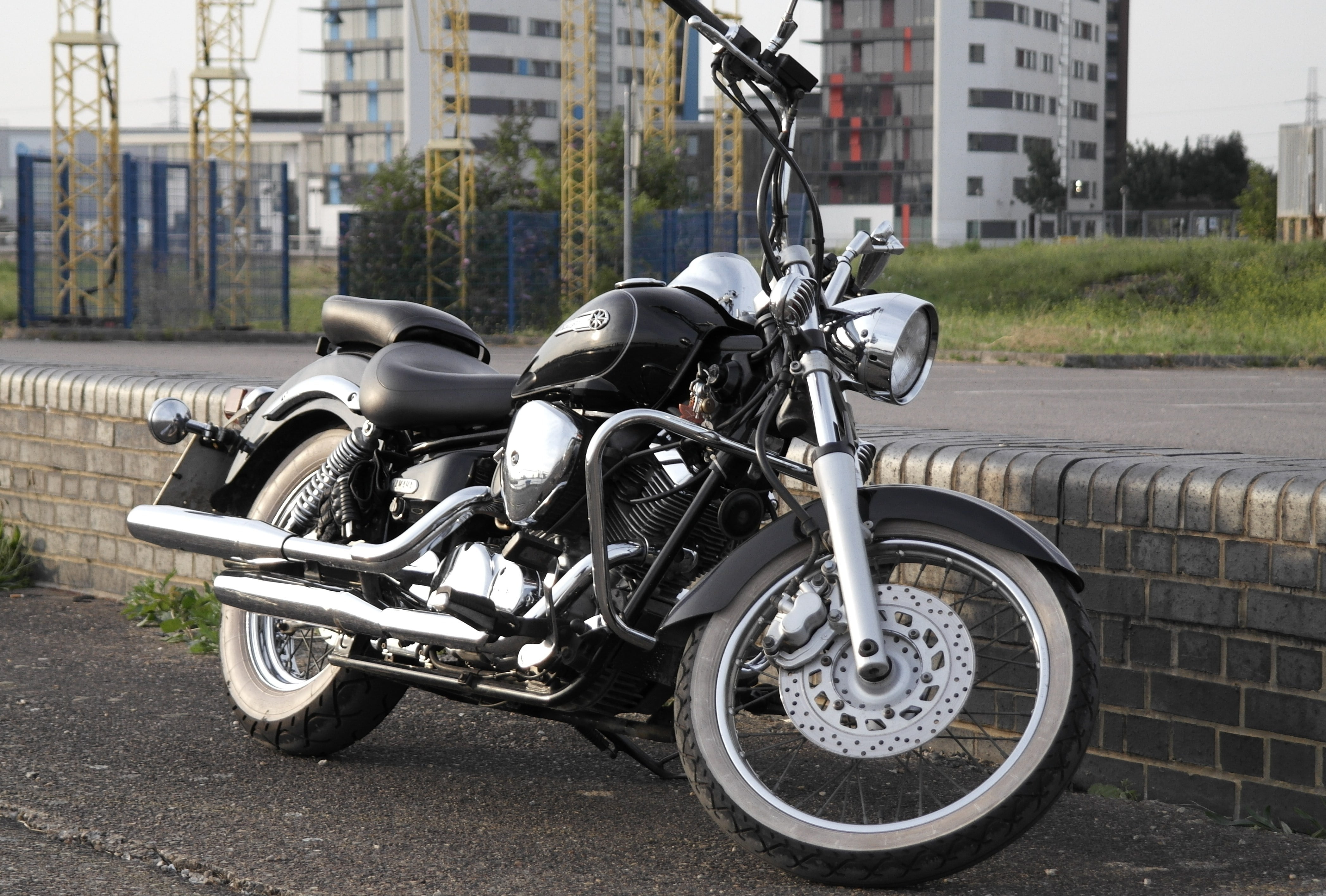 harley Davidson, street, mode of transportation, wheel, no People, tire, transportation, building exterior, chrome, yamaha, architecture, xvs, stationary, HD Wallpaper