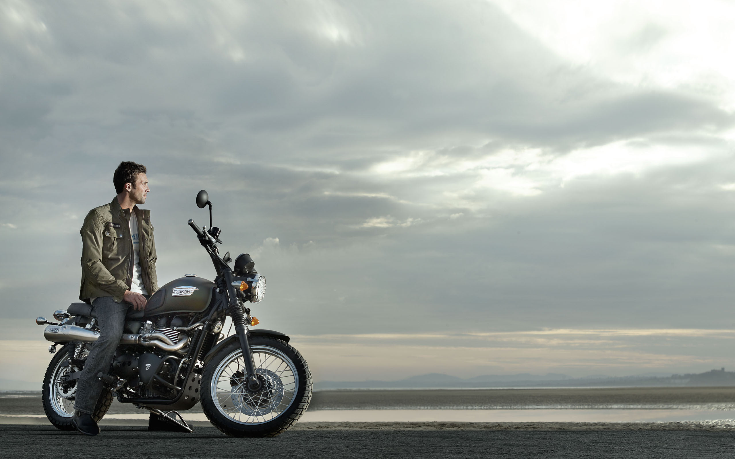 two people, Triumph, sea, lifestyles, real people, standard, sky, transportation, men, scenics - nature, motorcycle, leisure activity, 2K, full length, HD Wallpaper