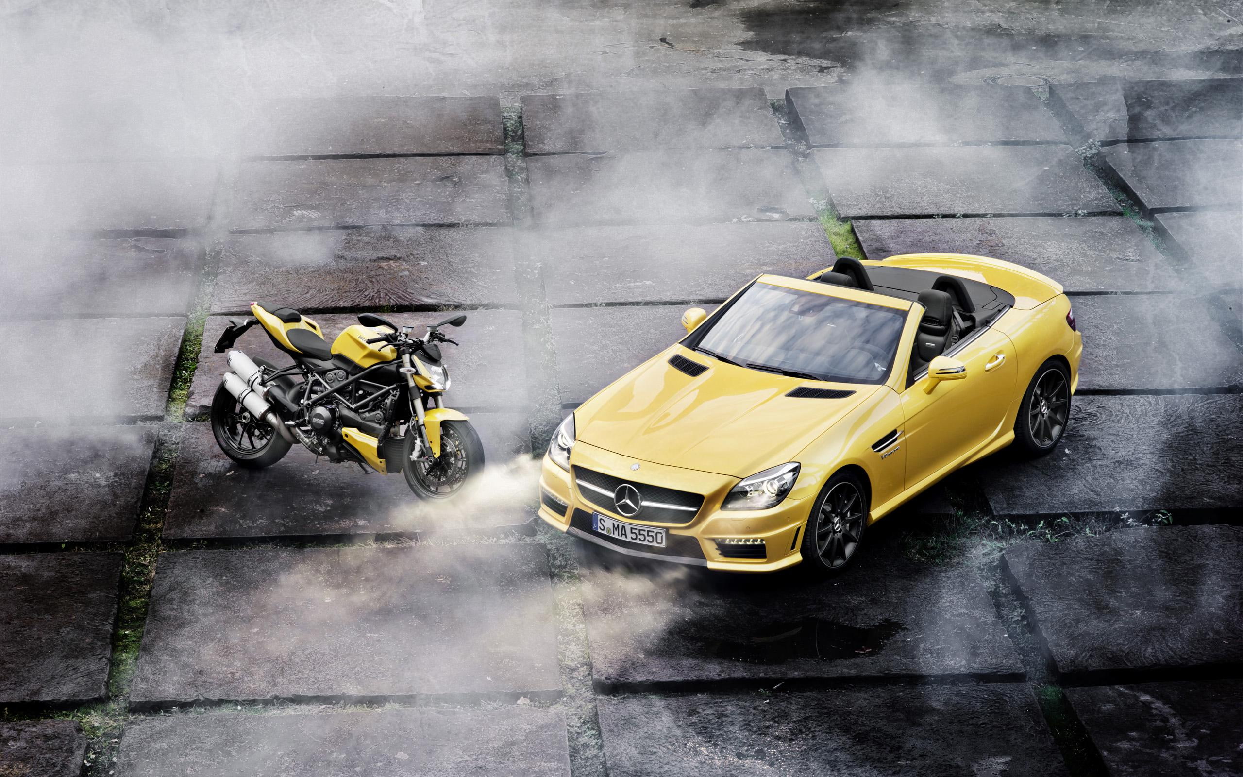 benz, streetfighter, mercedes benz, ducati, motorcycle, slk, standard, cars, 2K, mercedes, yellow, 2012, car, amg, convertible, HD Wallpaper