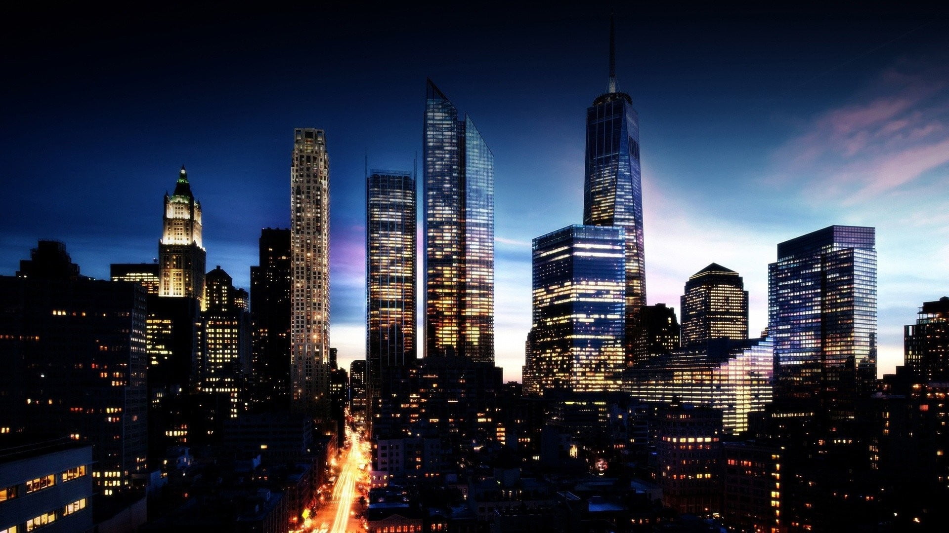 modern, New York City, landscape, building, city, night, outdoors, spire, buildings, office, urban skyline, sky, skyscraper, no people, financial district, HD Wallpaper