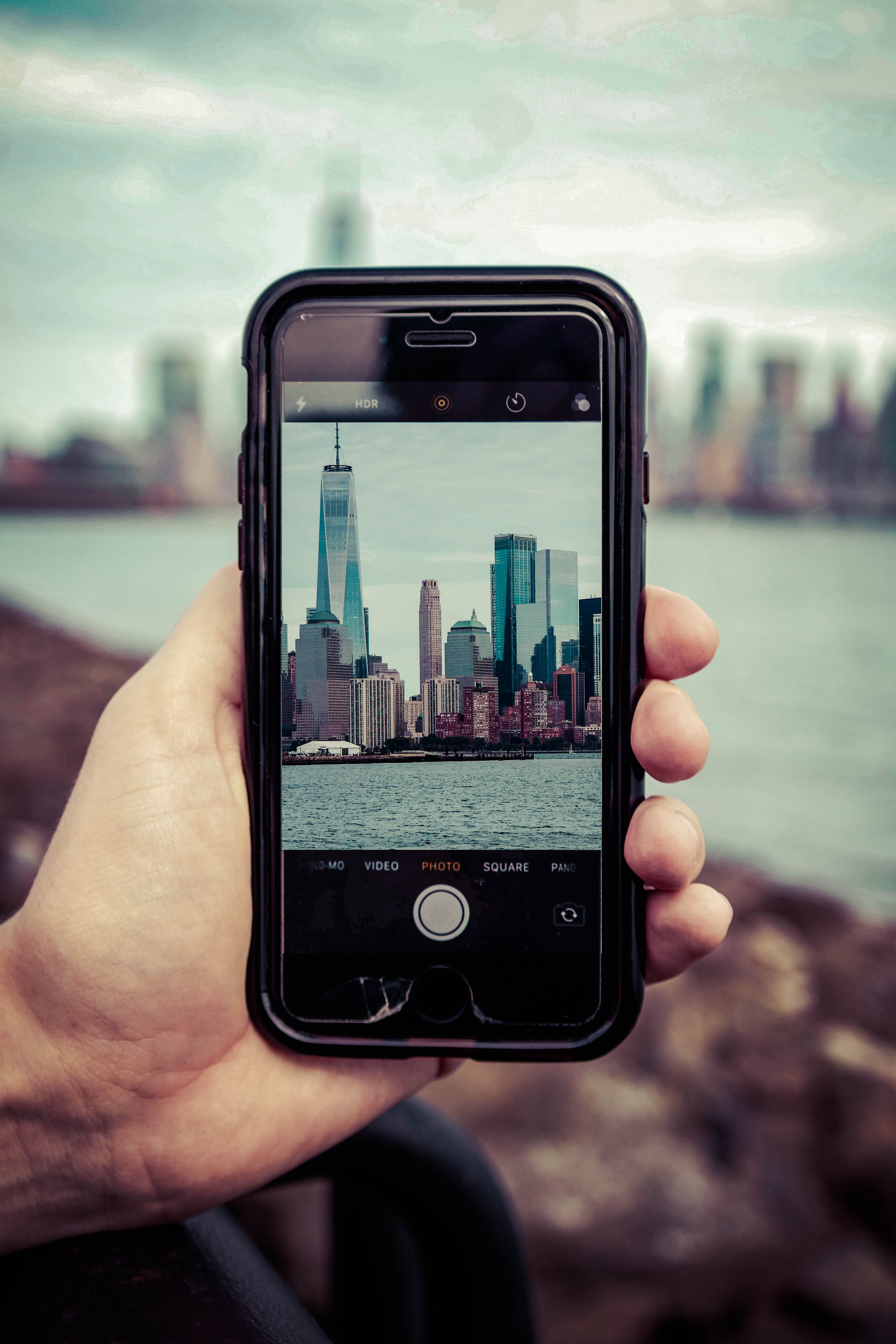 focus on foreground, built structure, finger, sky, 5K, technology, liberty state park, building exterior, skyscraper, wireless technology, photography themes, Phone HD Wallpaper