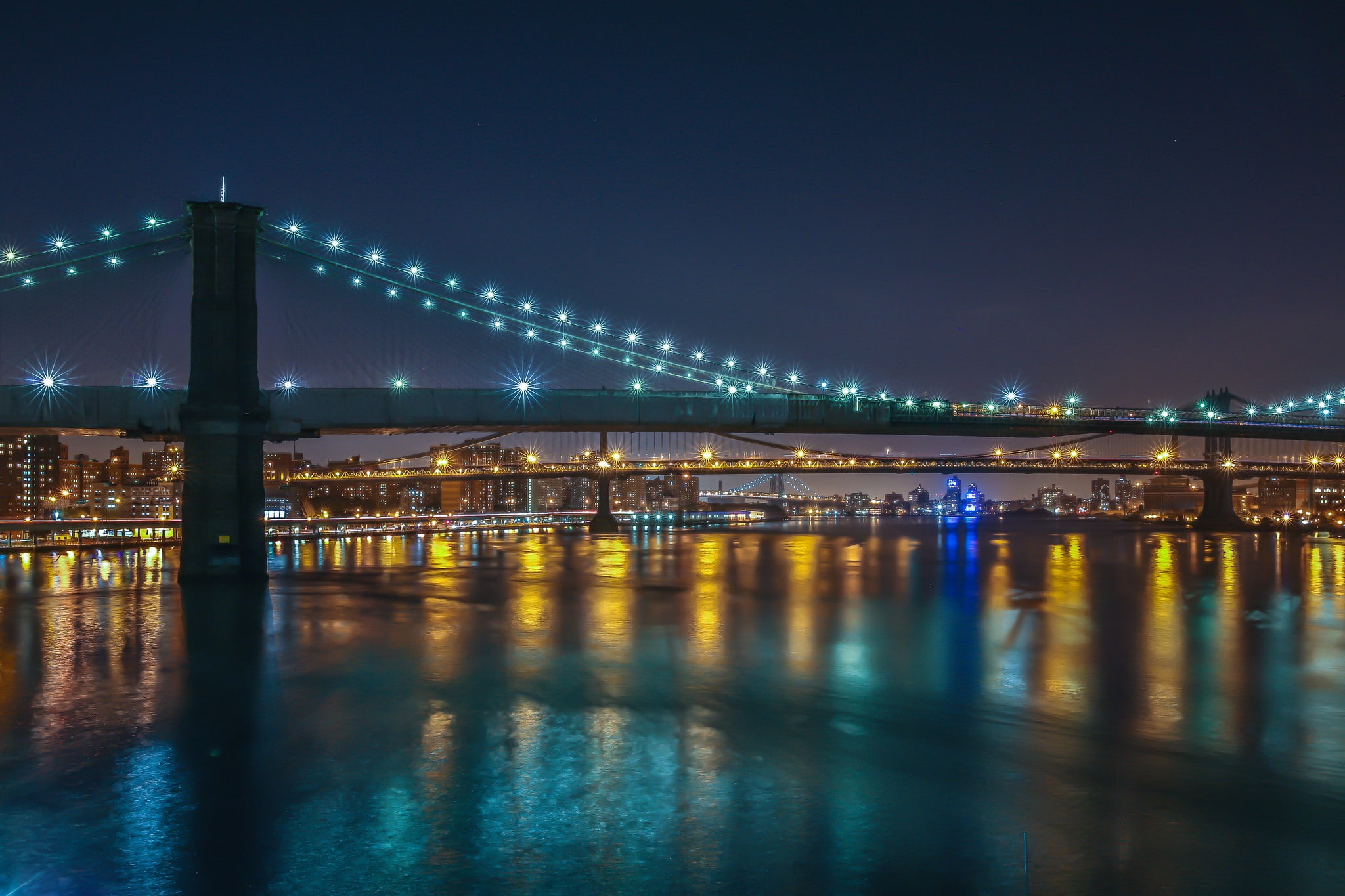1080P, Manhattan, Williamsburg Bridges, New York City, city, bridges, lights, Brooklyn, night, HD Wallpaper