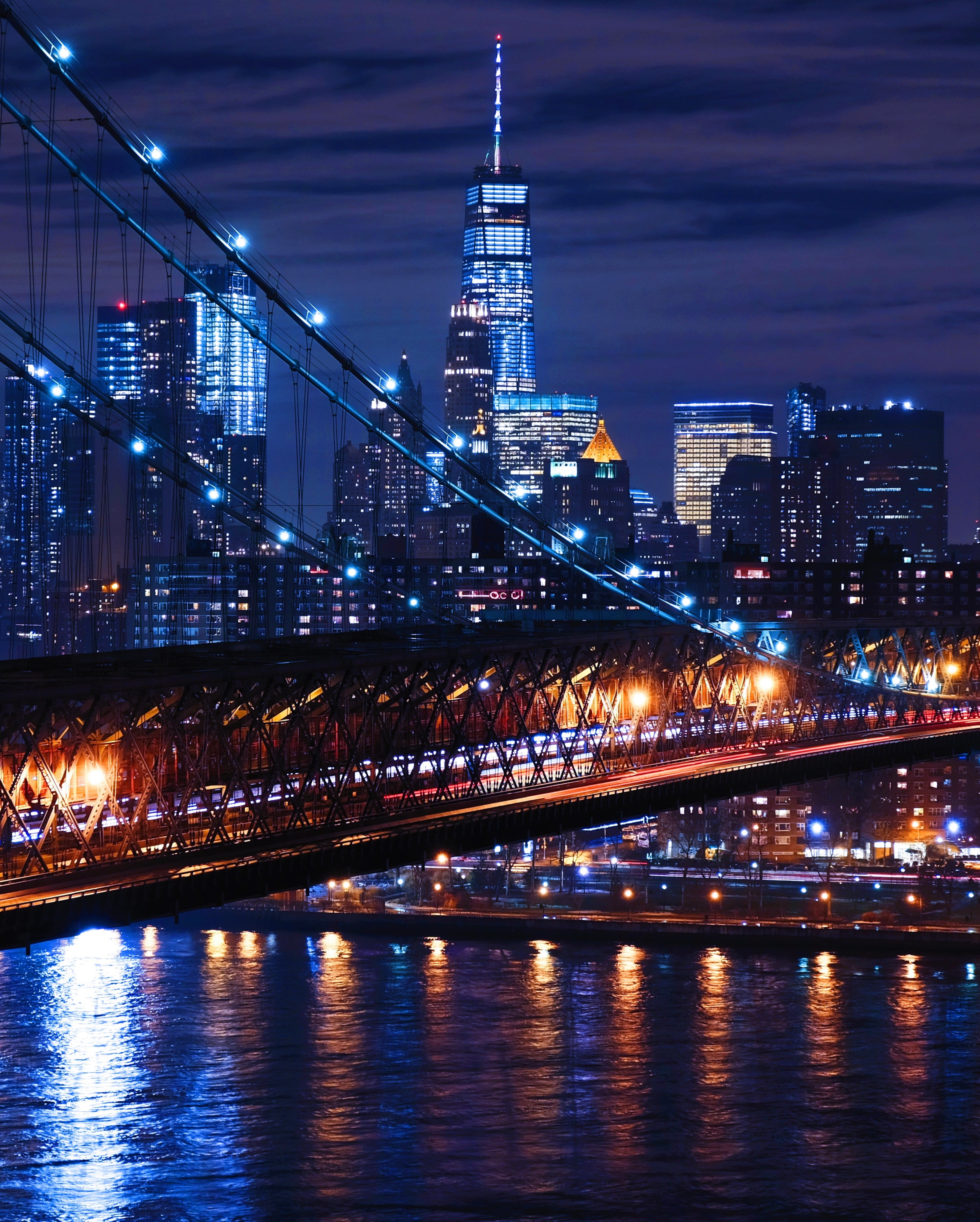 empire, river, building exterior, york, night, skyscraper, williamsburg, usa, sky, bridge - man made structure, illuminated, no people, financial district, Phone HD Wallpaper