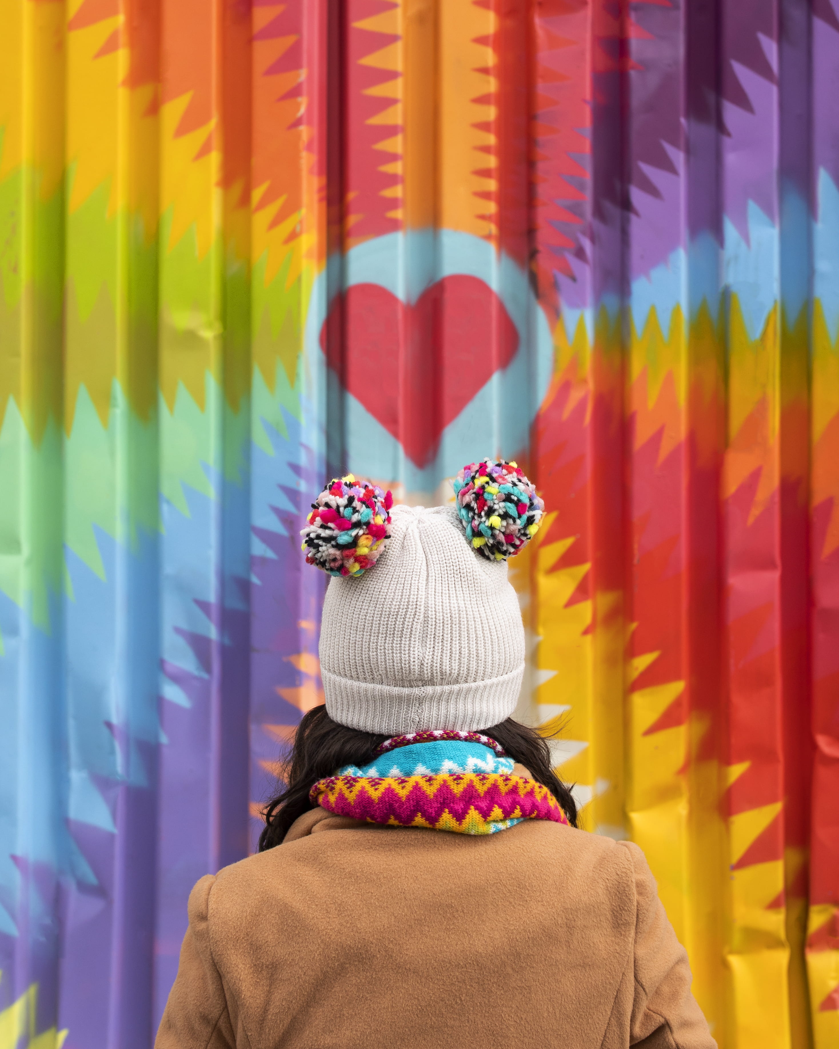 rainbow, indoors, headshot, <3, real people, choice, fashion, mural, knit, womens fashion, rear view, beanie, retail, hat, scarf, knit hat, admires, warm clothing, business, lifestyles, color, variation, love, heart, brooklyn, clothing, 2K, standing, adult, knitting, art, women, williamsburg, multi colored, graffiti, one person, hairstyle, gumball, girl, casual clothing, retail display, Phone HD Wallpaper
