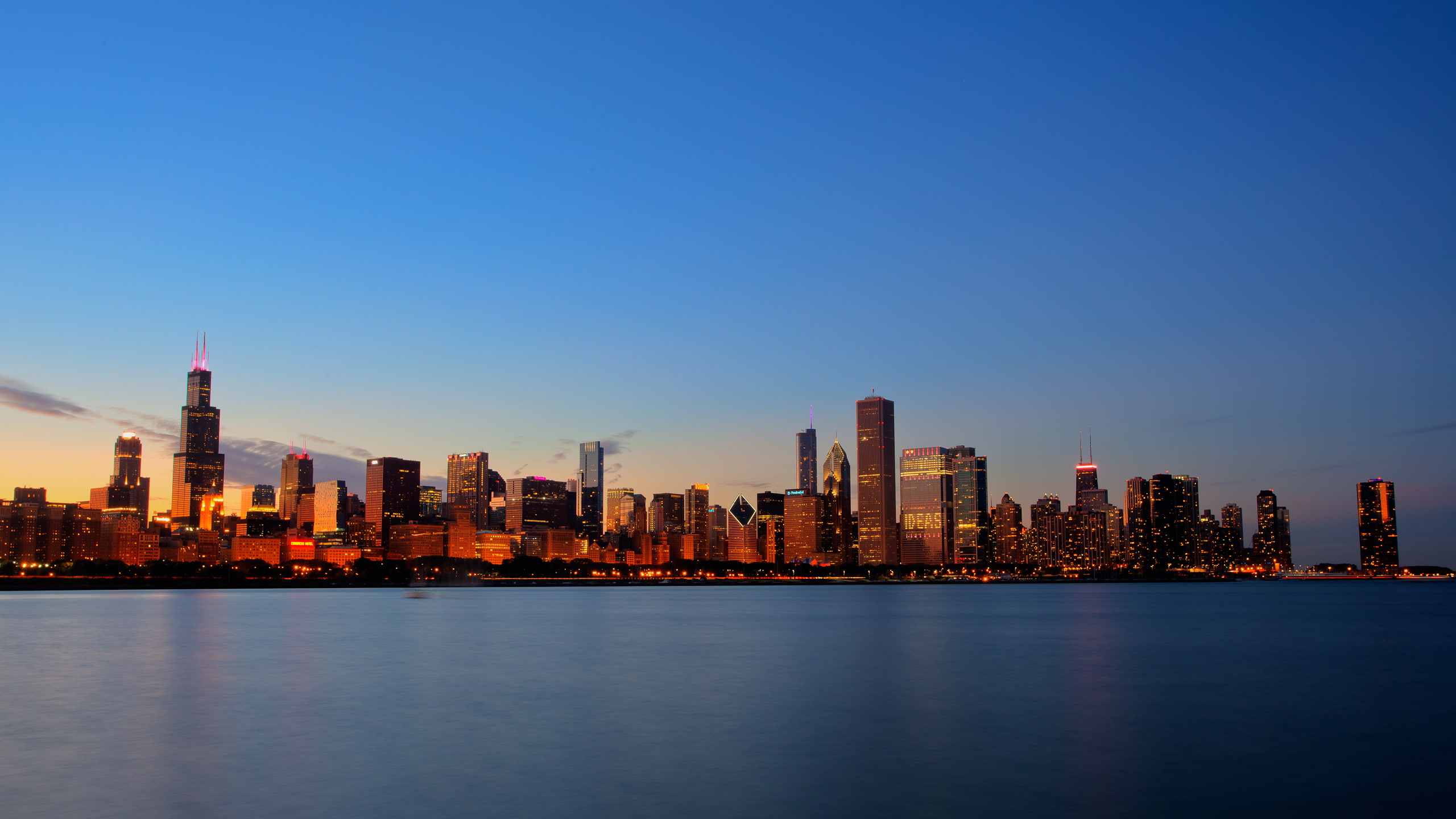 skyscraper, building, lights, city, Chicago, Illinois, sunset, USA, 2K, HD Wallpaper
