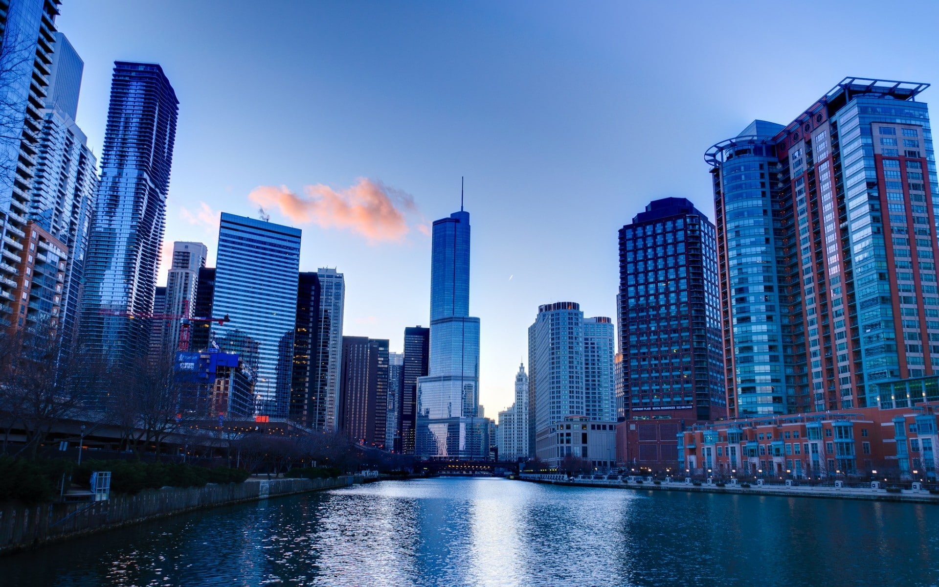 high, Chicago, buildings, 1080P, landscape, rise, Illinois, morning, river, concrete, HD Wallpaper