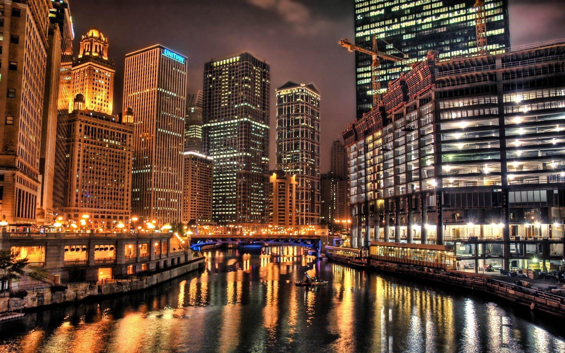 rise, night, photography, city, world, chicago, 1920x1200, illinois, building, 1080P, aerial, high, HD Wallpaper