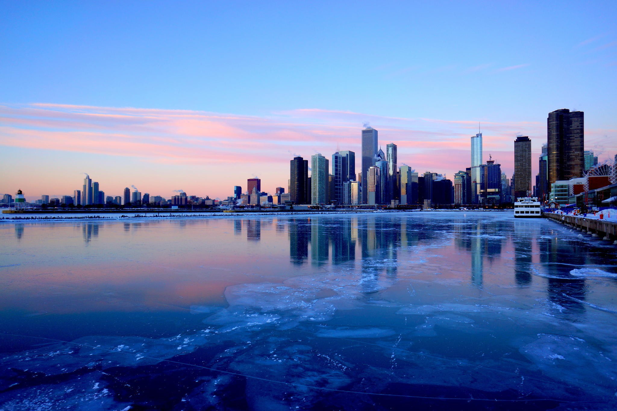 Skyscrapers, the river, the city, skycapers, Night, 1080P, Chicago, ice, Illinois, winter, HD Wallpaper