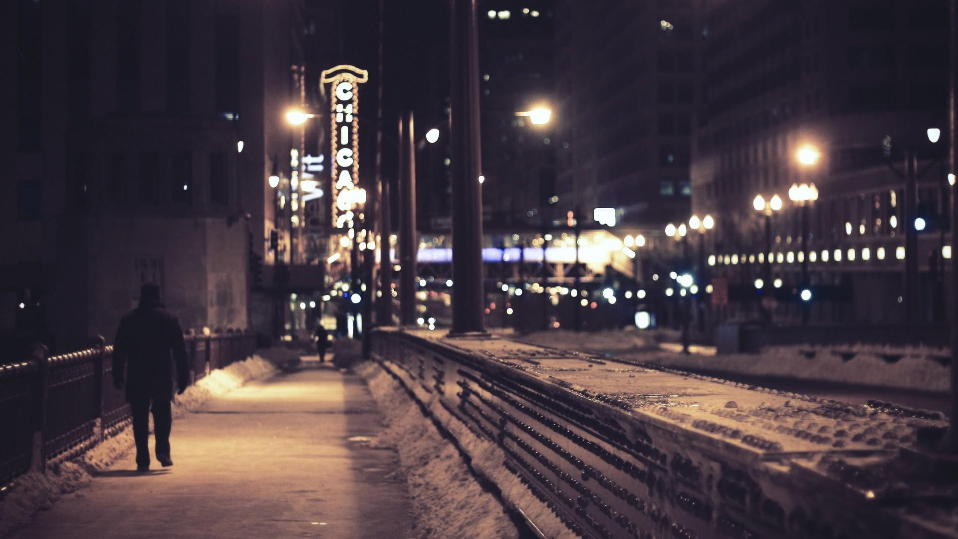 lights, winter, snowy, 1920x1080, street, 1080P, chicago, city, world, snow, illinois, HD Wallpaper