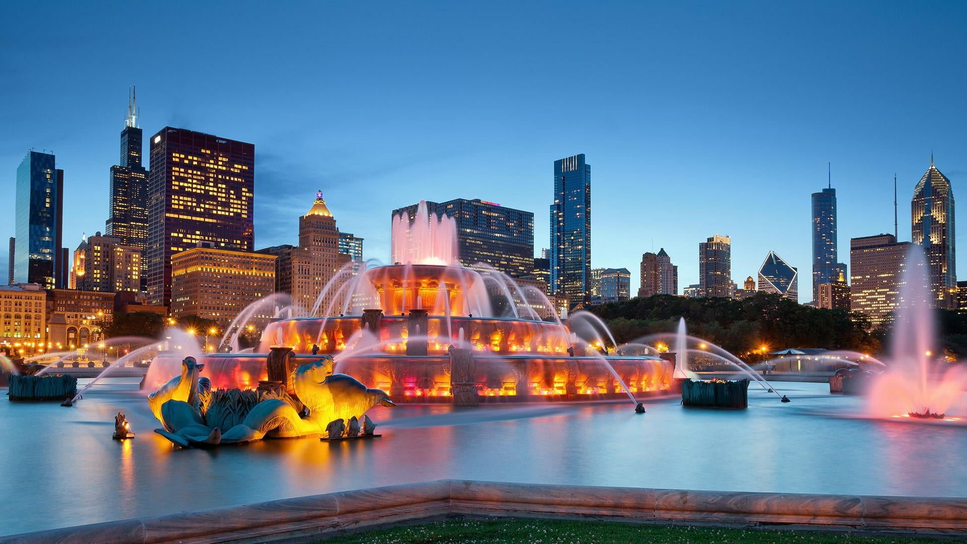 travel destinations, cityscape, sears, night, tower, sky, illuminated, modern, fountain, landscape, building, outdoors, architecture, building exterior, HD Wallpaper
