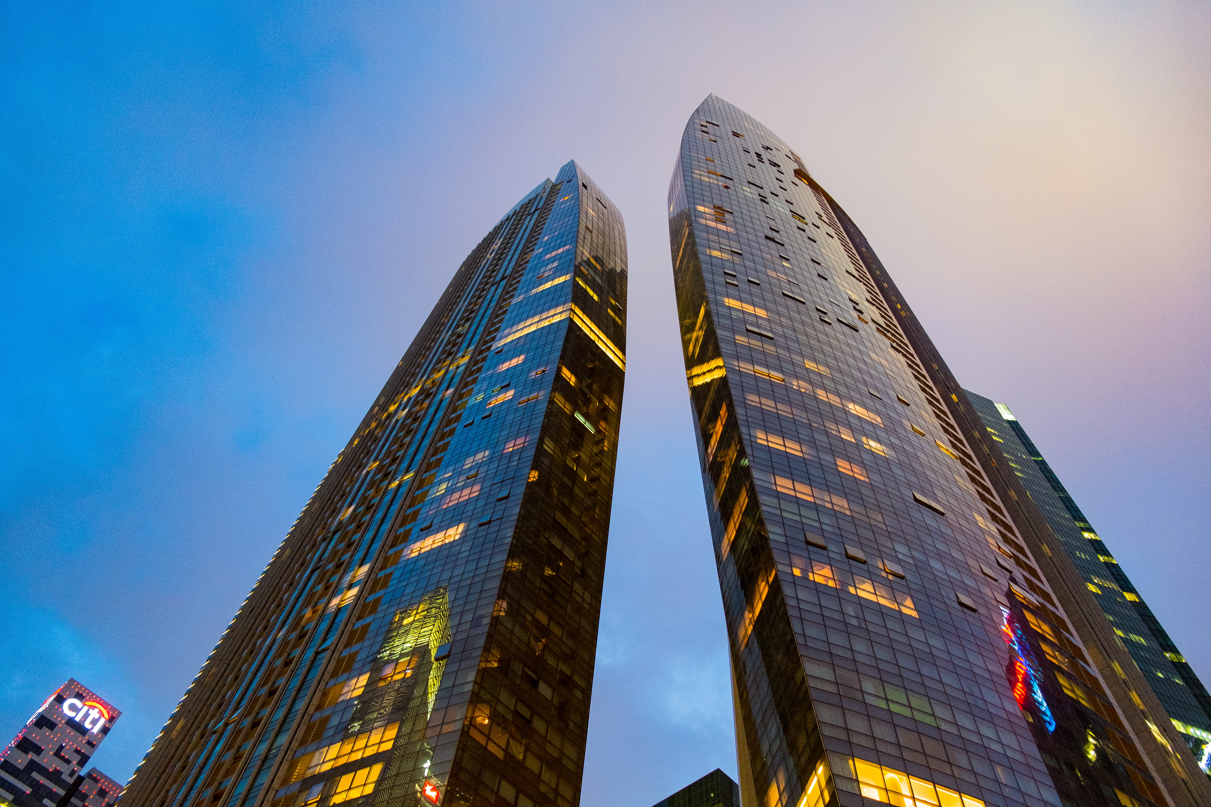 low angle view, marina bay financial centre, office, built structure, sky, lights, day, dusk, tall - high, sunlight, business, no people, architecture, HD Wallpaper