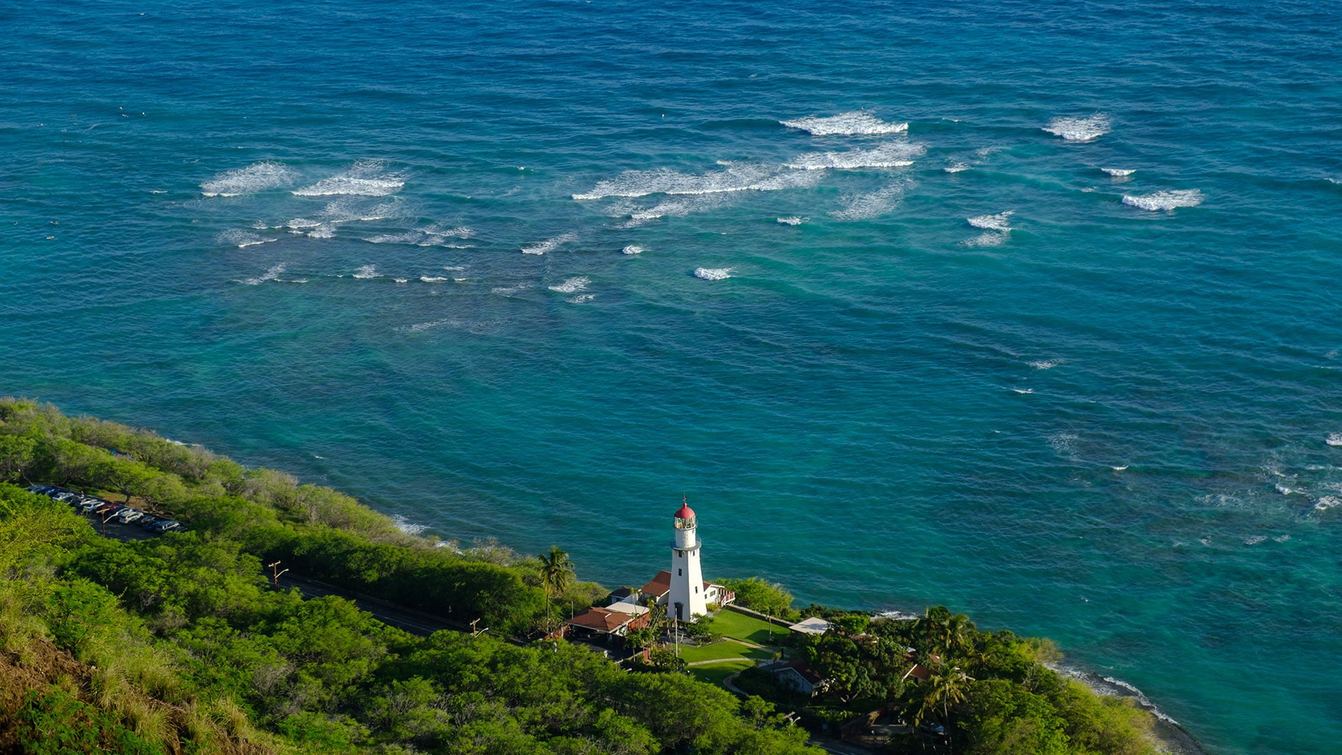 landscape, trees, Hawaii, USA, house, sea, oahu, 1080P, nature, Diamond Head Lighthouse, water, lighthouse, HD Wallpaper