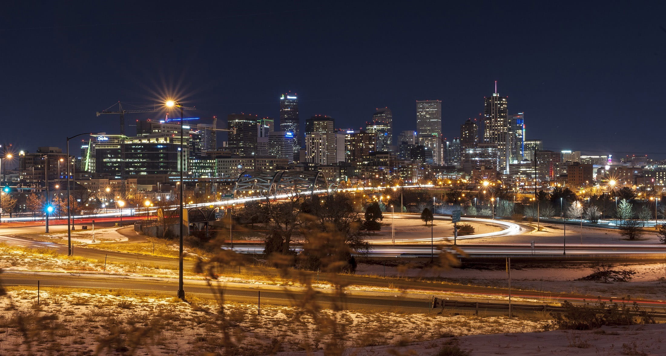 traffic, night, 1080P, speed, urban Skyline, city, office building exterior, Colorado, urban Scene, light trail, illuminated, financial district, public domain, HD Wallpaper