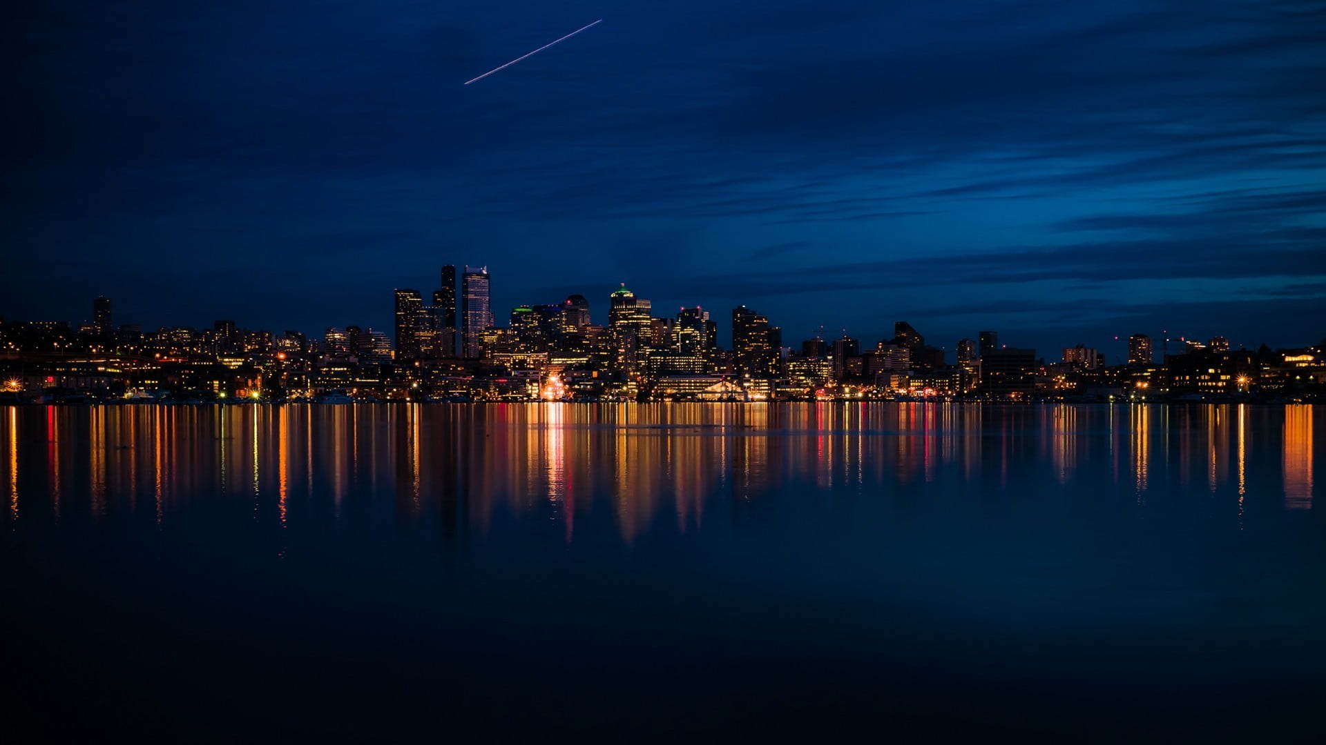 nightlife, buildings, urban skyline, cityscape, illuminated, skyscraper, cloud - sky, city, waterfront, landscape, built structure, water, modern, no people, HD Wallpaper