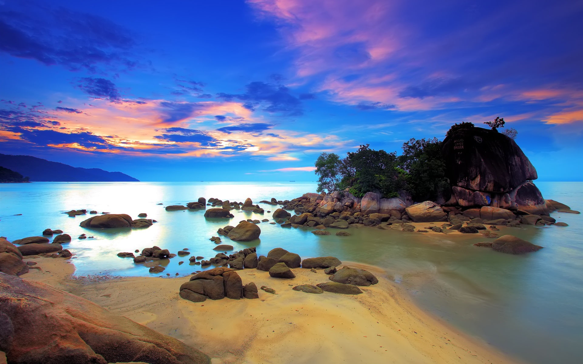 Coast, Sea, Sunset, Sky, Clouds, 1080P, Island, Stones, Trees, HD Wallpaper