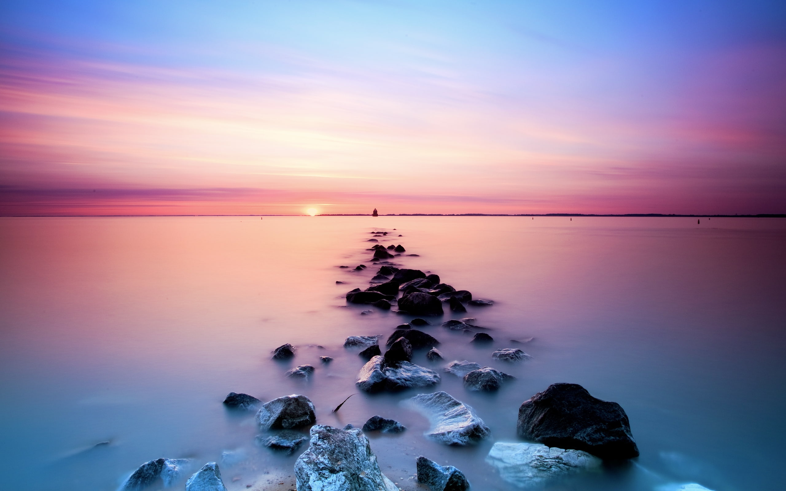 2K, stones, sea, beautiful, sunset, horizon, landscape, HD Wallpaper