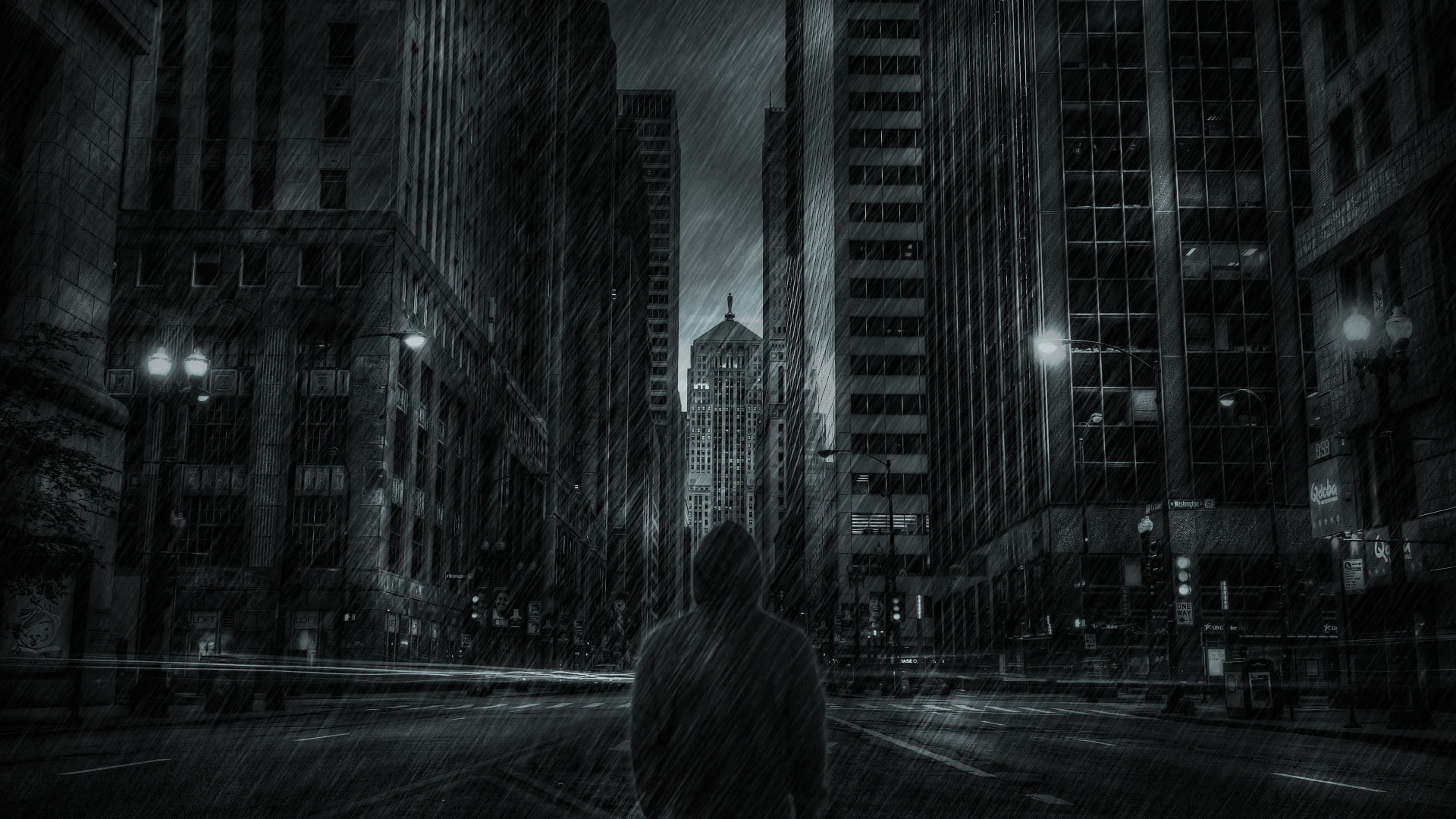back view, skyscrapers, hoodie, man, 1080P, Men, dark mood, raining, HD Wallpaper