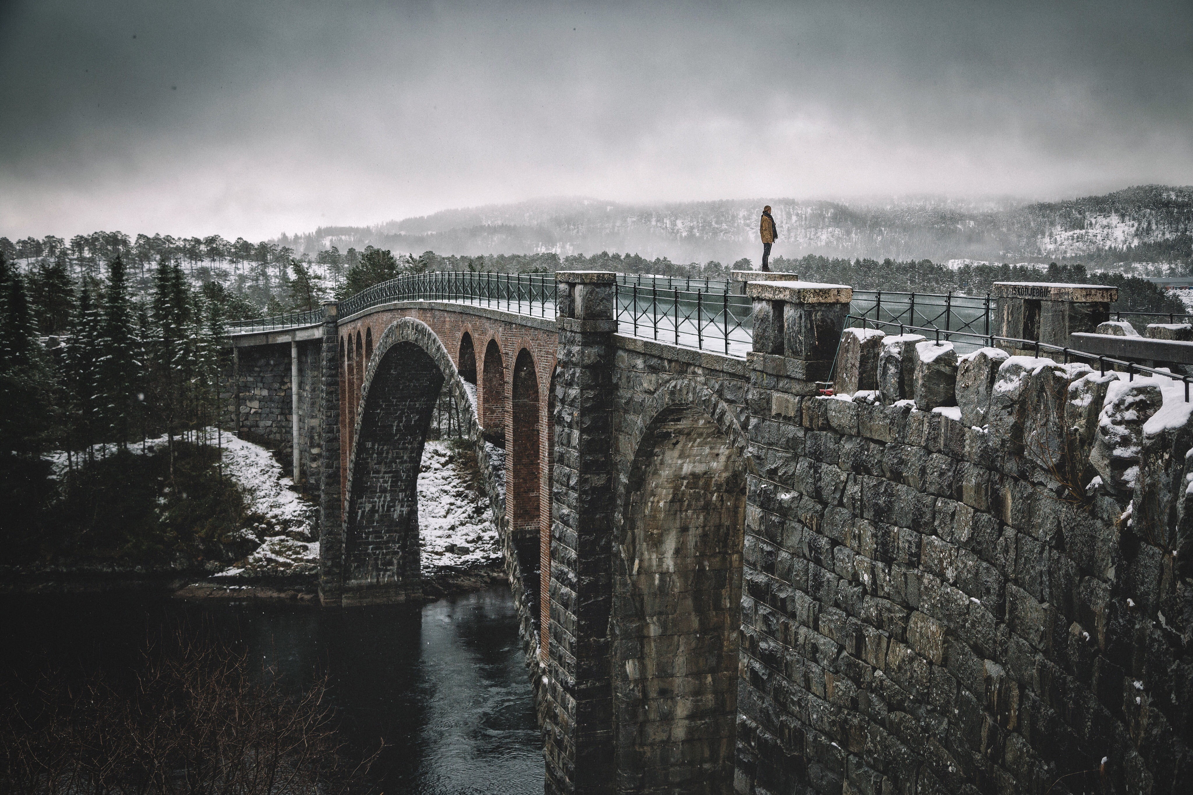 stone wall, winter, brown, Johannes Hulsch, cloud - sky, arch, fog, river, built structure, outdoors, nature, connection, the past, snow, 4K, architecture, HD Wallpaper