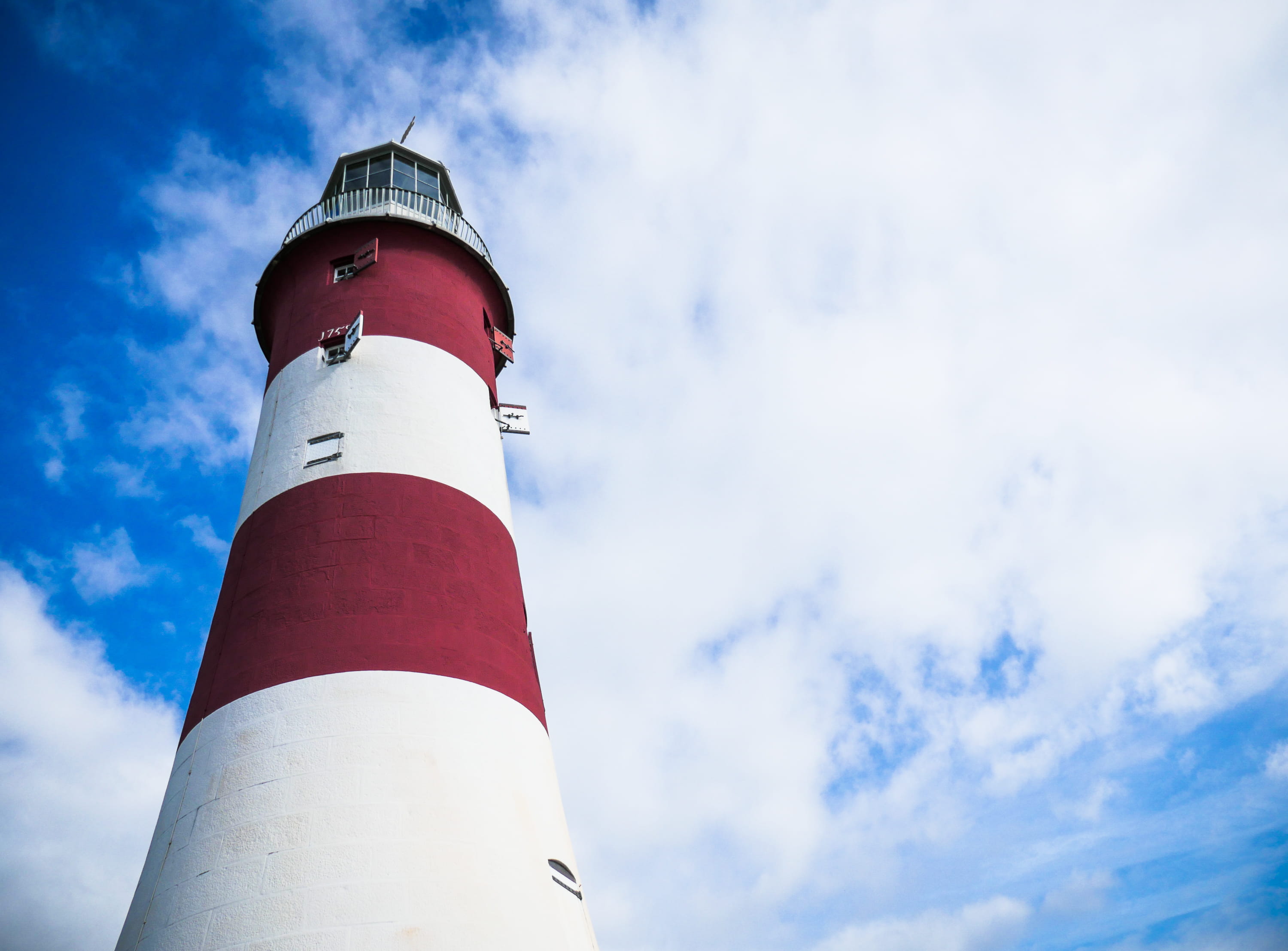 striped, sky, protection, safety, cloud - sky, nature, guidance, sea, Smeaton’s Tower, built structure, security, building, white, red, blue, white color, HD Wallpaper
