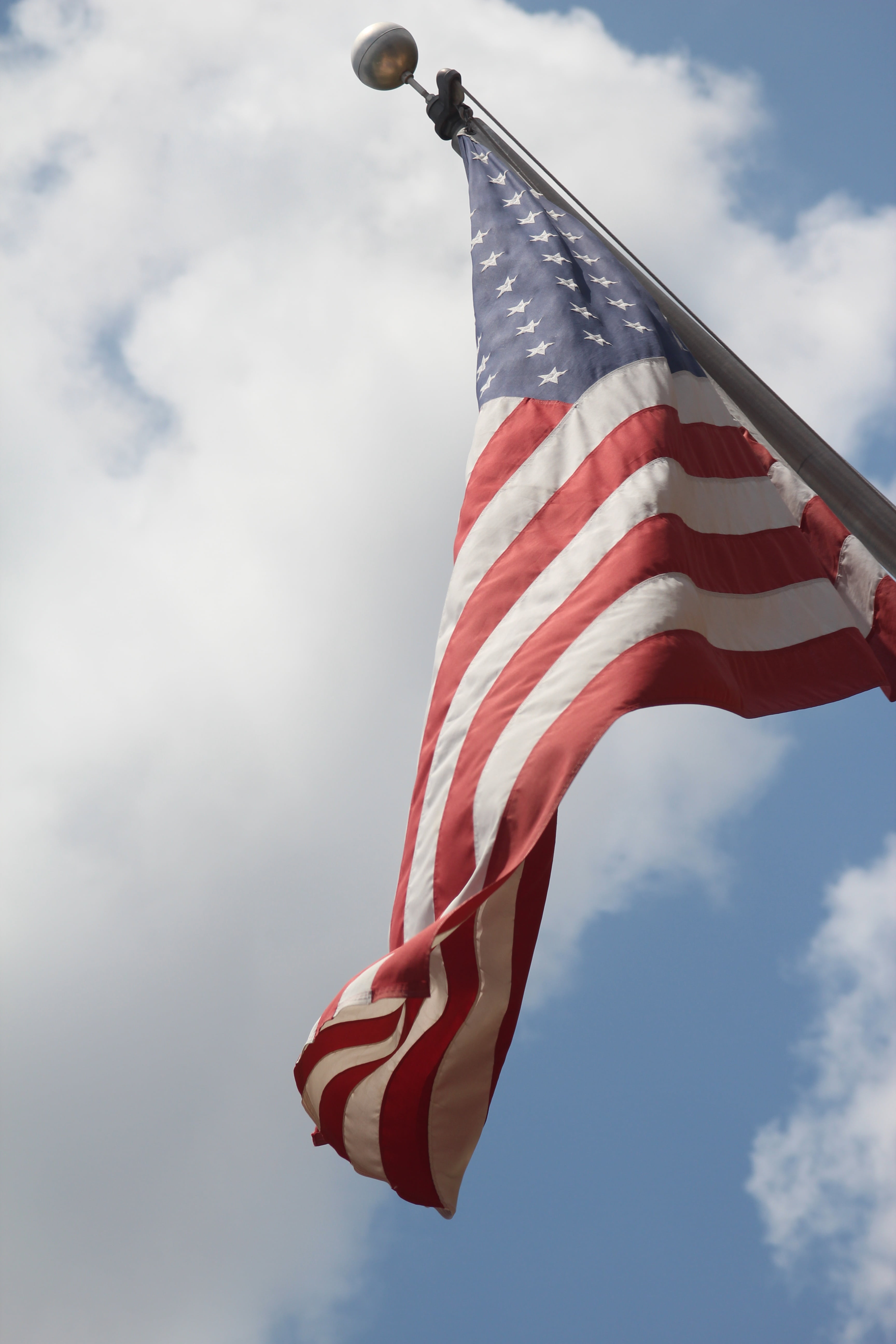 patriotism, blue, 5K, striped, sky, usa, national icon, wind, outdoors, flag, low angle view, star shape, waving, day, nature, symbolism, cloud - sky, Phone HD Wallpaper
