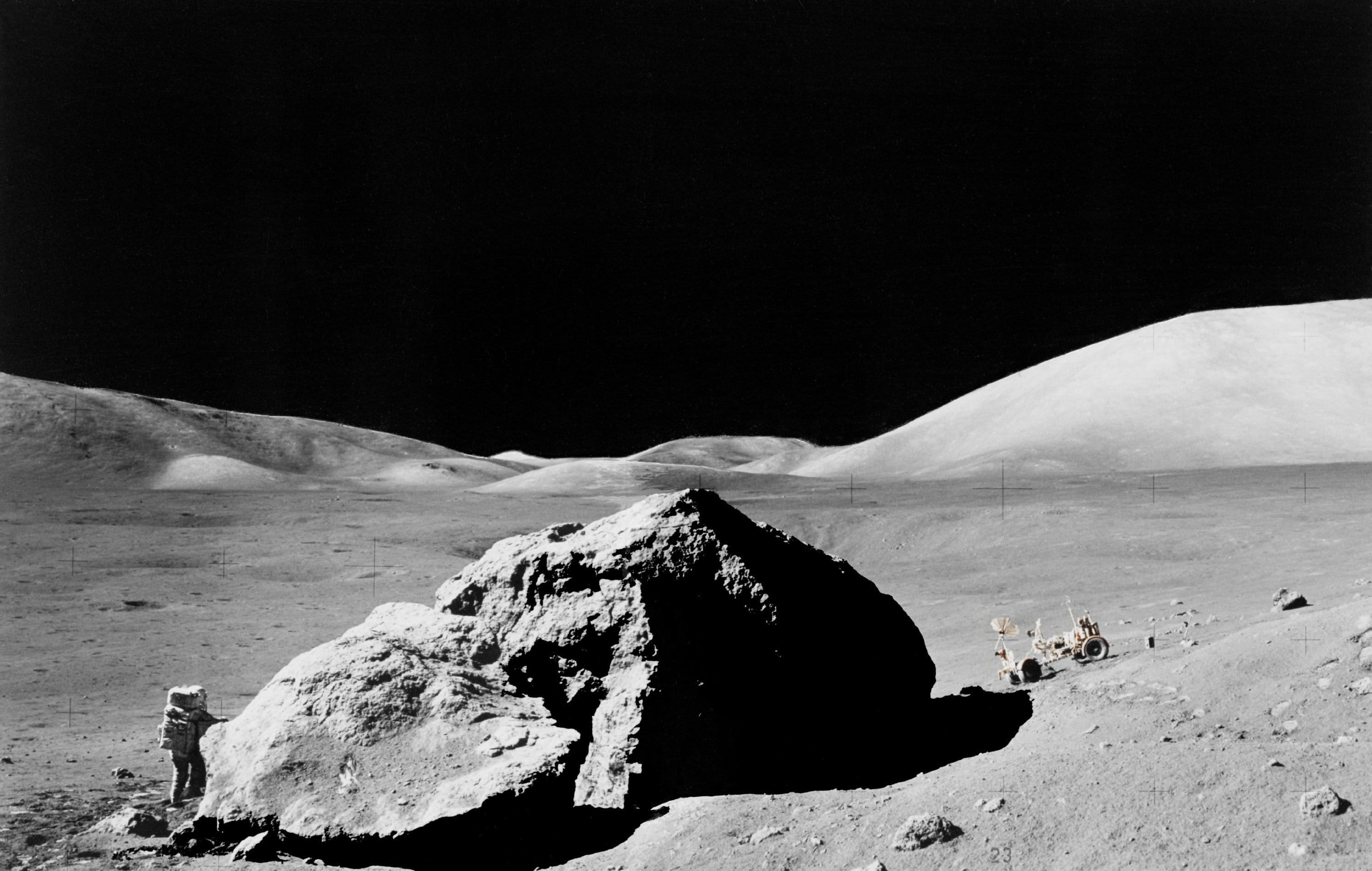 man on the moon, rock, physical geography, geology, tranquility, climate, universe, buggy, solid, man, apollo, moon rock, 2K, astronautics, space, grayscale, HD Wallpaper