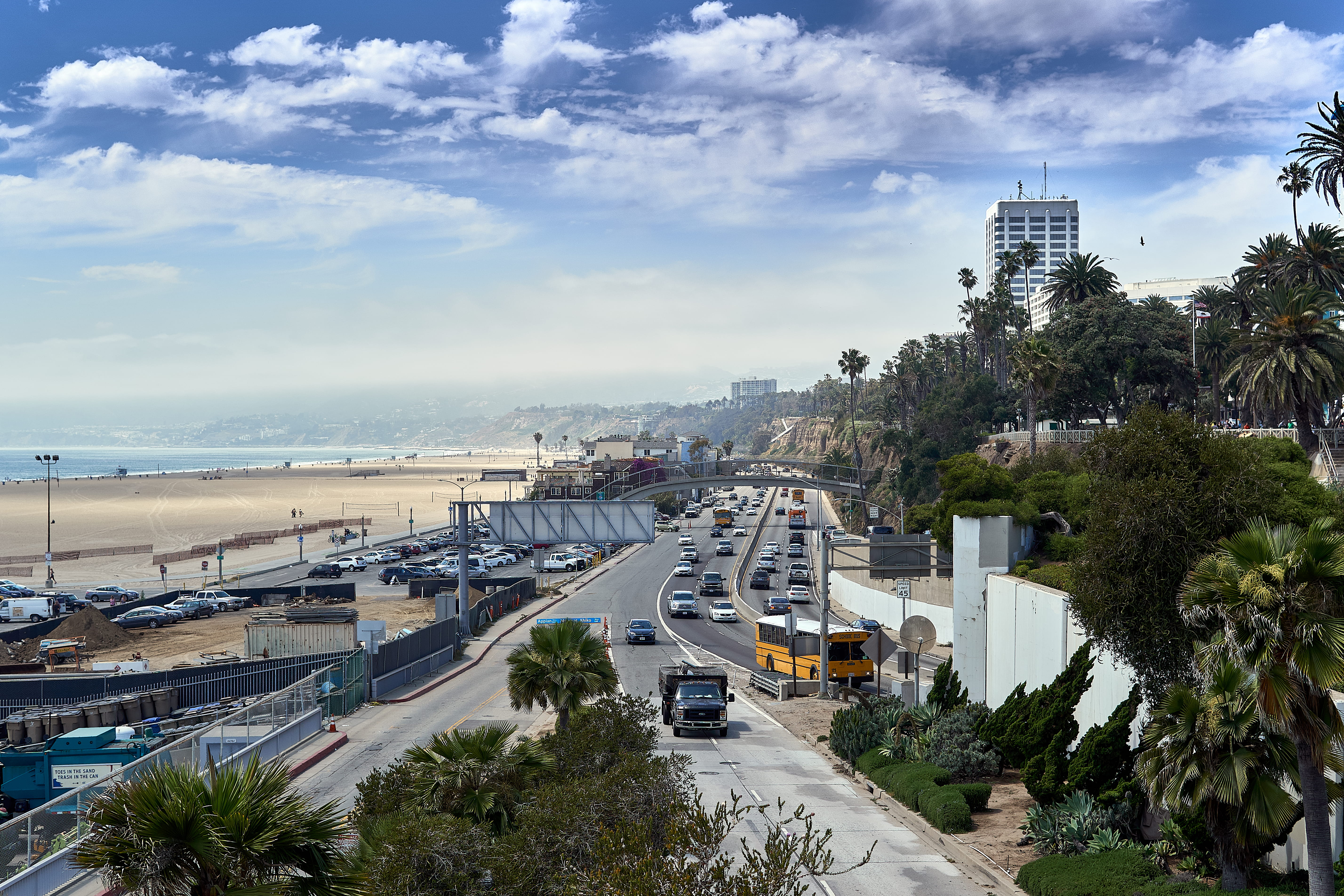 cloud - sky, united states, building, building exterior, bridge - man made structure, transportation, coast, ocean, beach, skyscraper, cityscape, multiple lane highway, HD Wallpaper