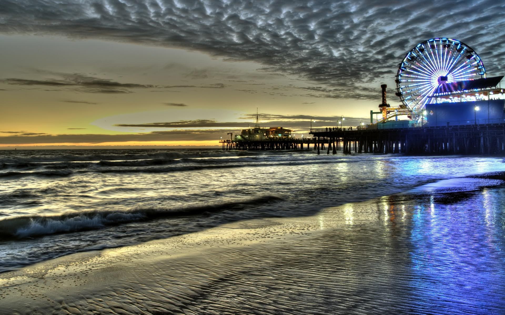 1080P, pier, monica, beach, santa, nature and landscapes, dusk, oier, amusementr park, HD Wallpaper