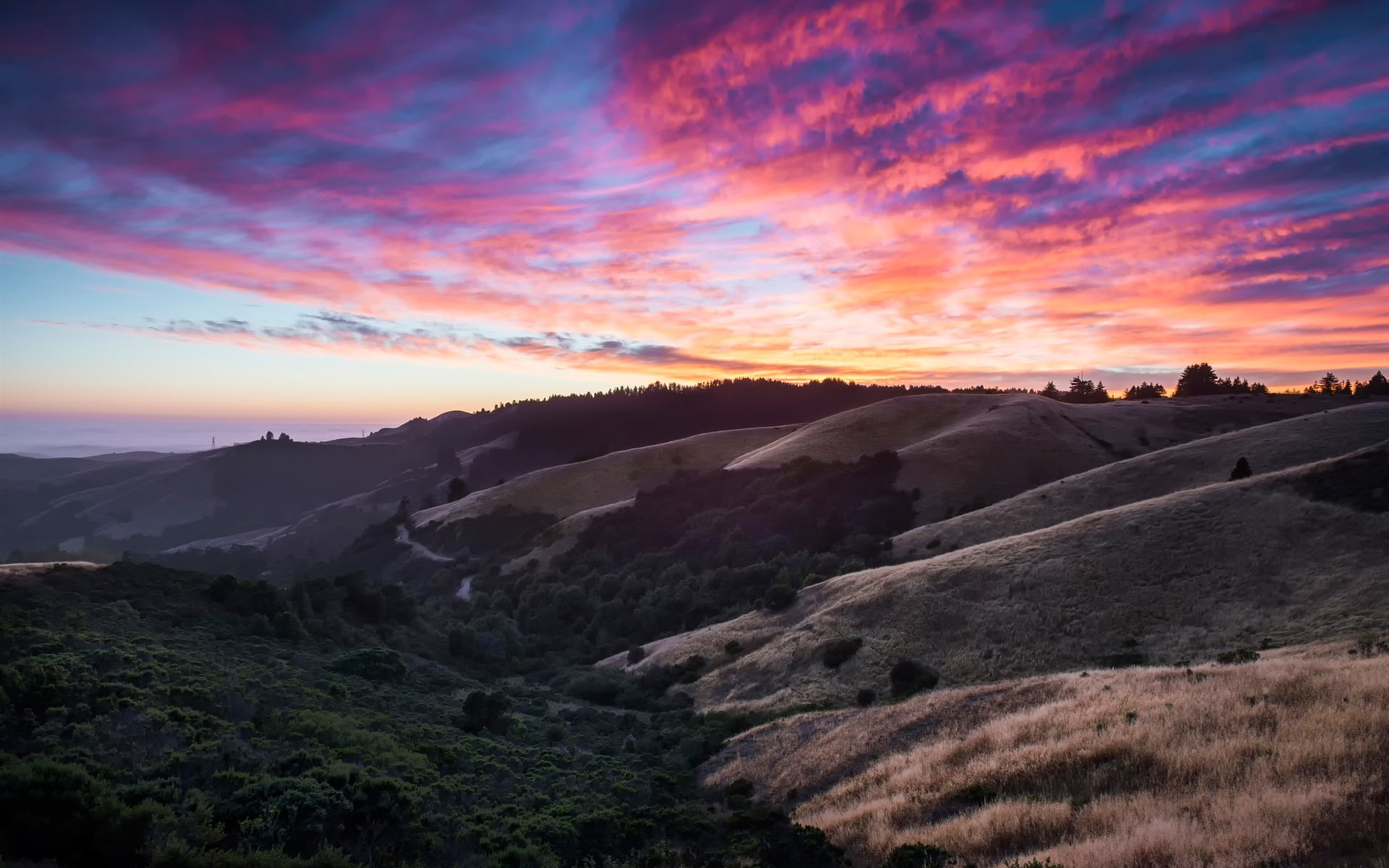 California, Sky, 1080P, Hills, Sunset, USA, Clouds, brown, mountain, HD Wallpaper