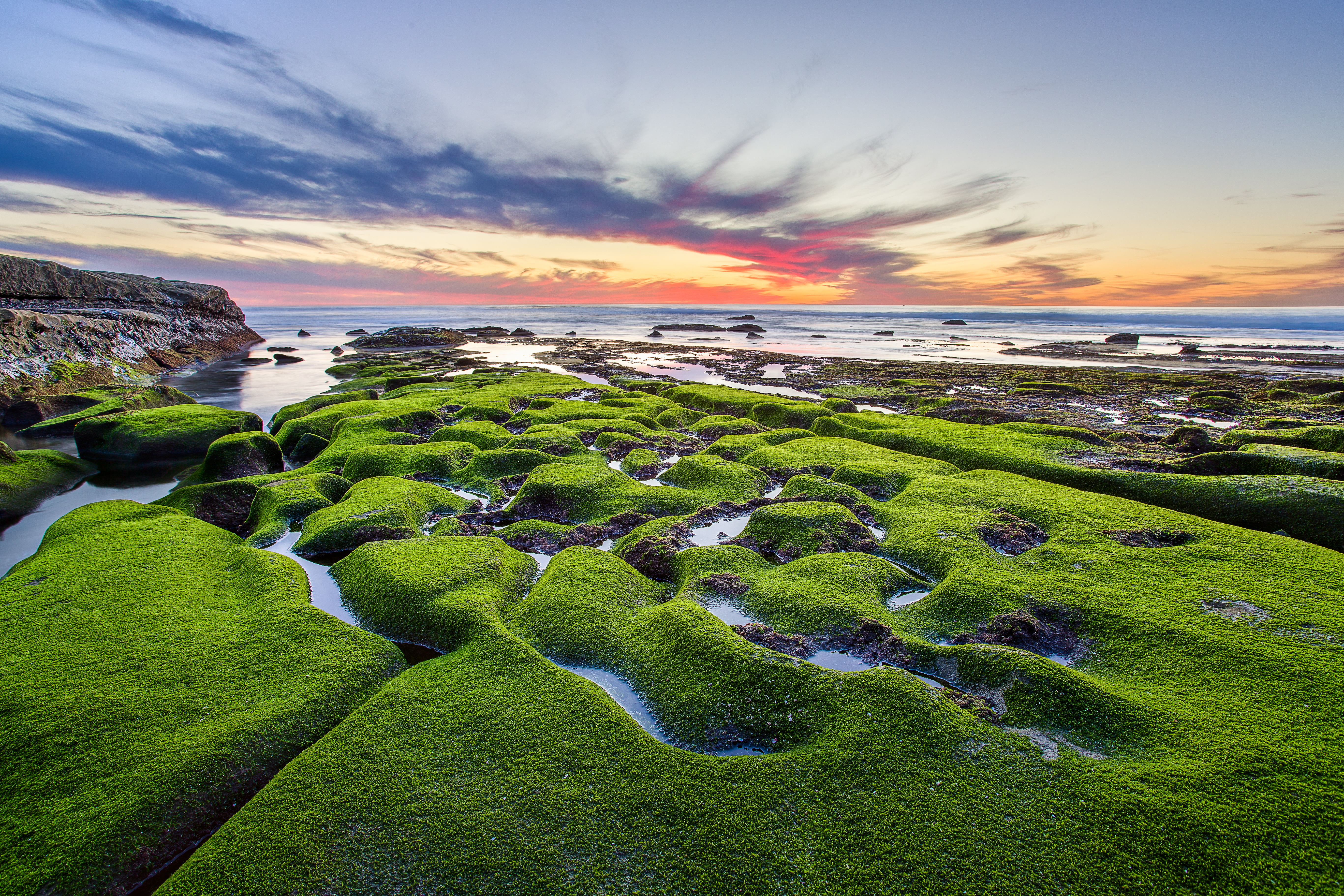 scenics, Pacific  Ocean, grass, mark 3, islands, Green  Rock, canon 5d mark iii, Sunset, Tide Pool, Rocky, green, 5K, Coast, Beach, coastline, hdr, sea, HD Wallpaper