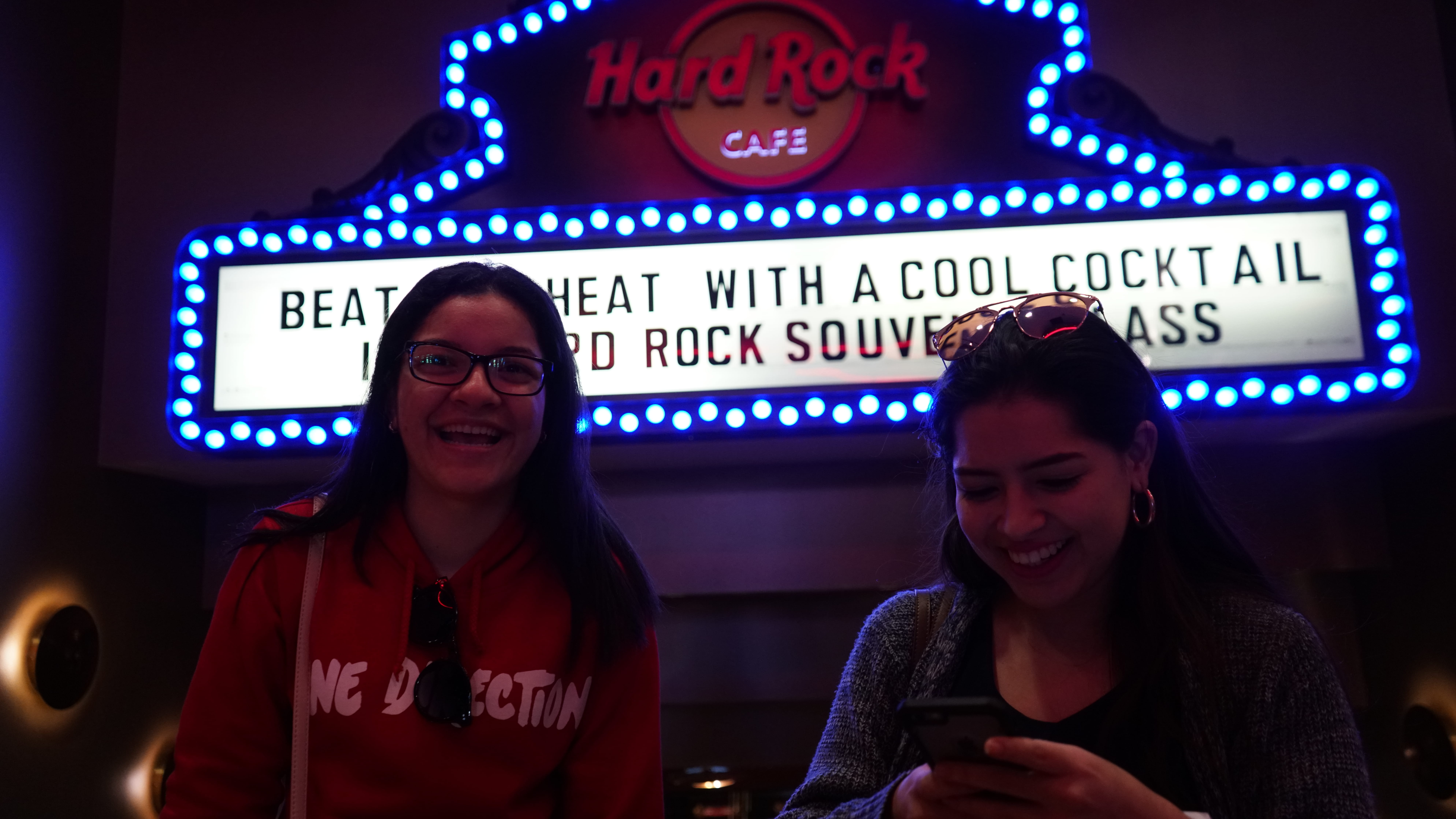 nightlife, smiling, theater district, night, people, togetherness, two people, young adult, portrait, united states, watching, technology, friendship, urban, HD Wallpaper