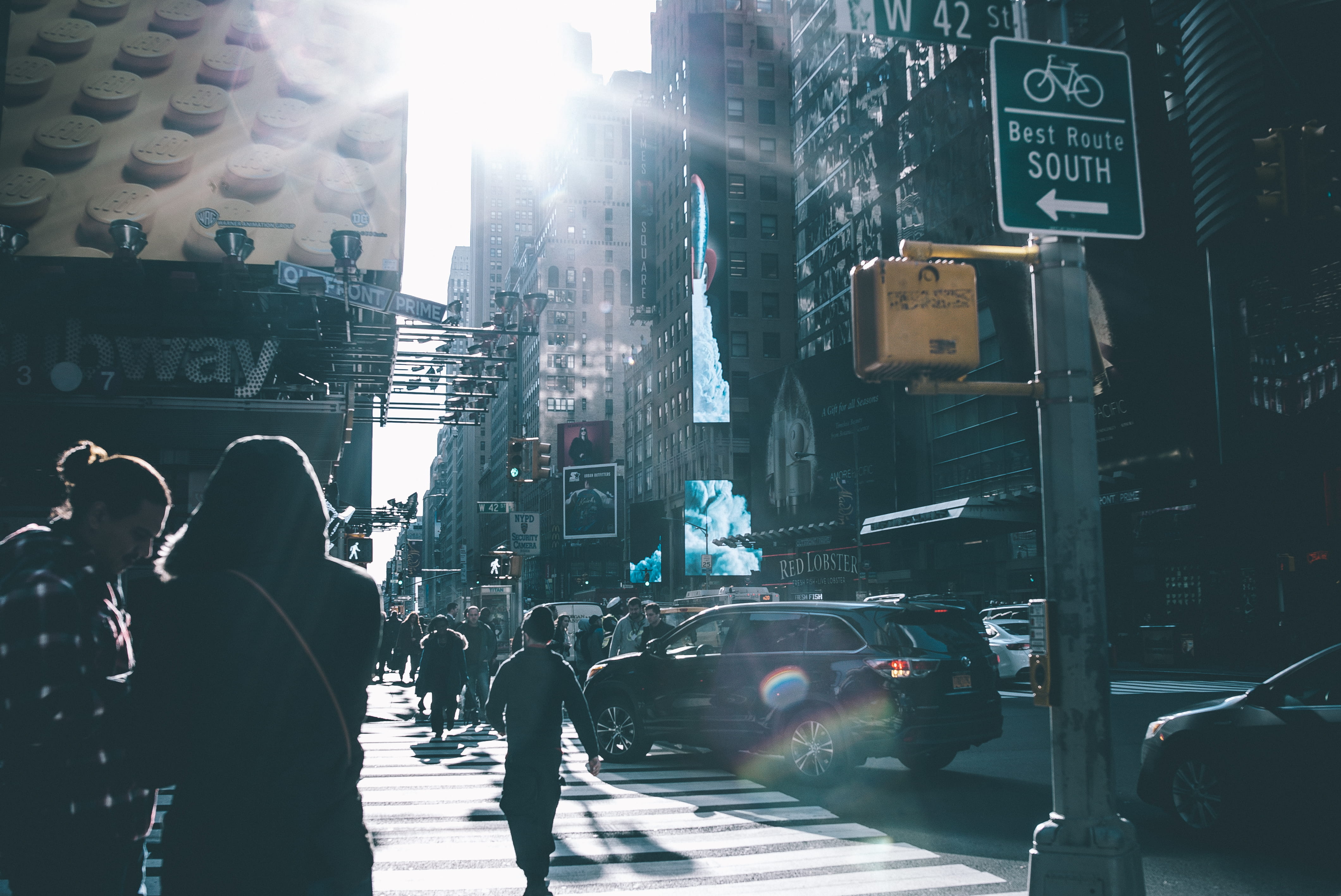 lens flare, nyc, road, architecture, motion, real people, times square, group of people, new york, land vehicle, motor vehicle, city, text, communication, HD Wallpaper