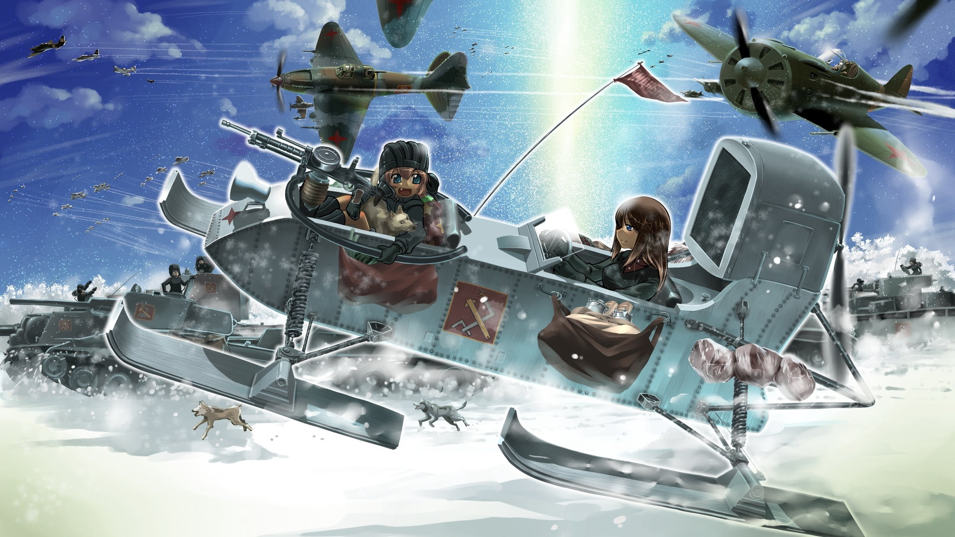 weapon, sky, tanks, mode of Transport, military, tow, fighting, sunlight, sport, water, girls und panzer, air Vehicle, aircraft, transportation, conflict, HD Wallpaper