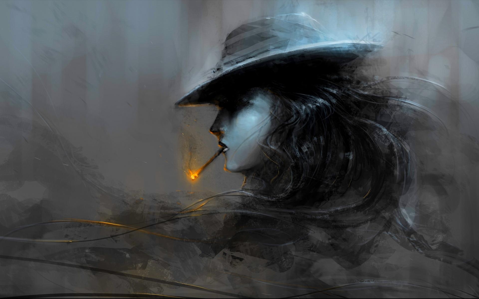 woman, fire, smoking, black and white, 3d and abstract, cigarette, profile, portrait, girl, 1080P, hat, painting, HD Wallpaper