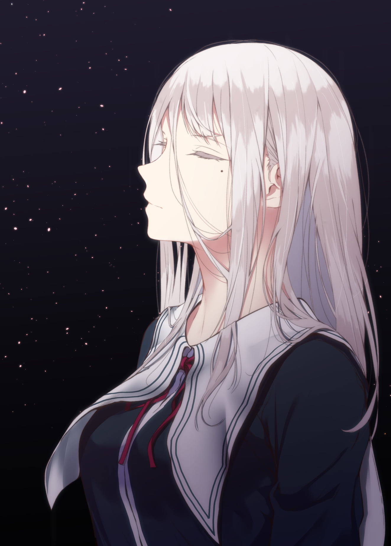 anime, indoors, red, abstract, beauty, close-up, 720P, side view, profile view, headshot, white hair, adult, young adult, one person, black background, Phone HD Wallpaper