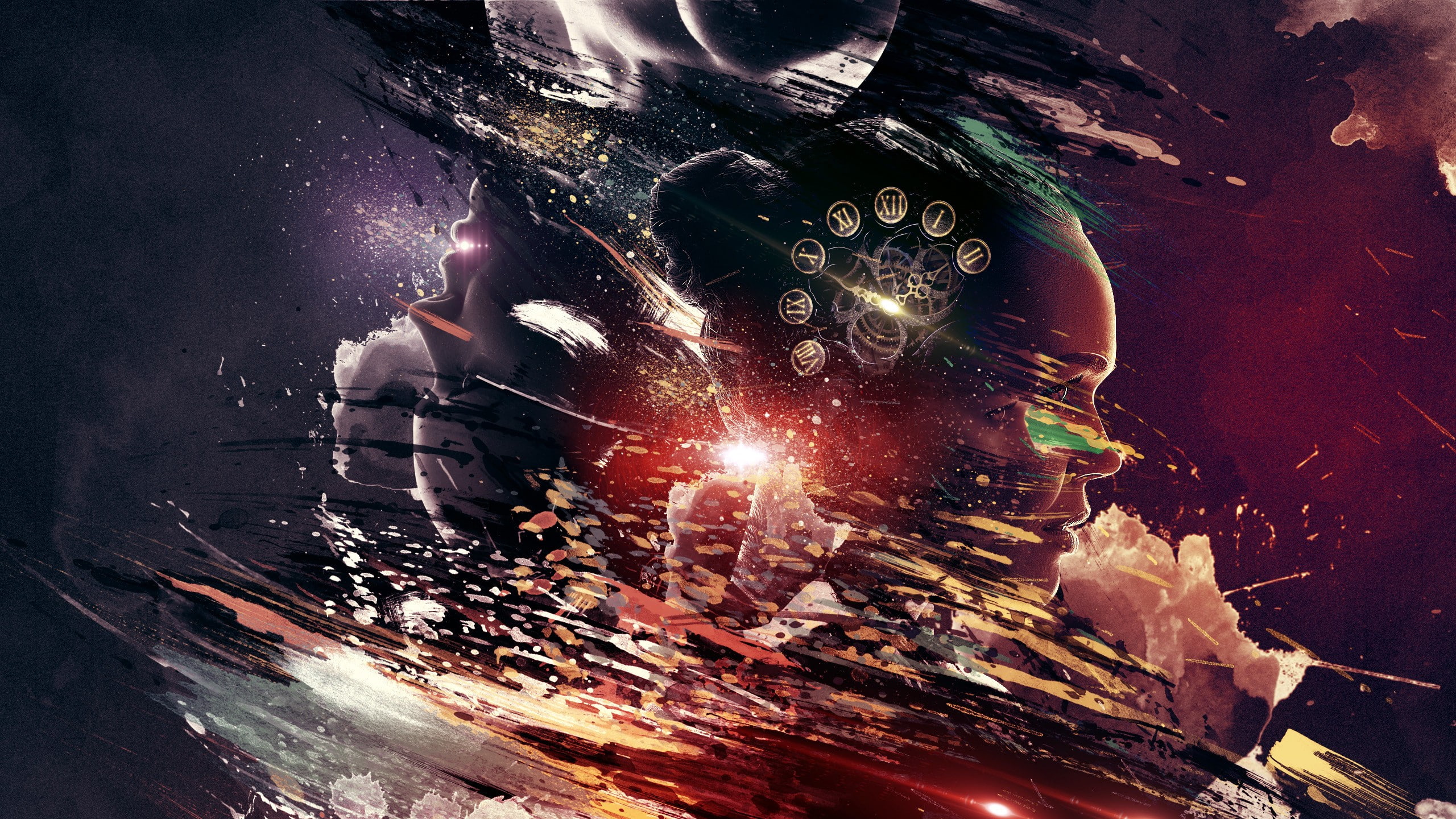 face, clocks, 2K, women, artwork, abstract, digital art, fantasy art, profile, space, paint splatter, time, HD Wallpaper