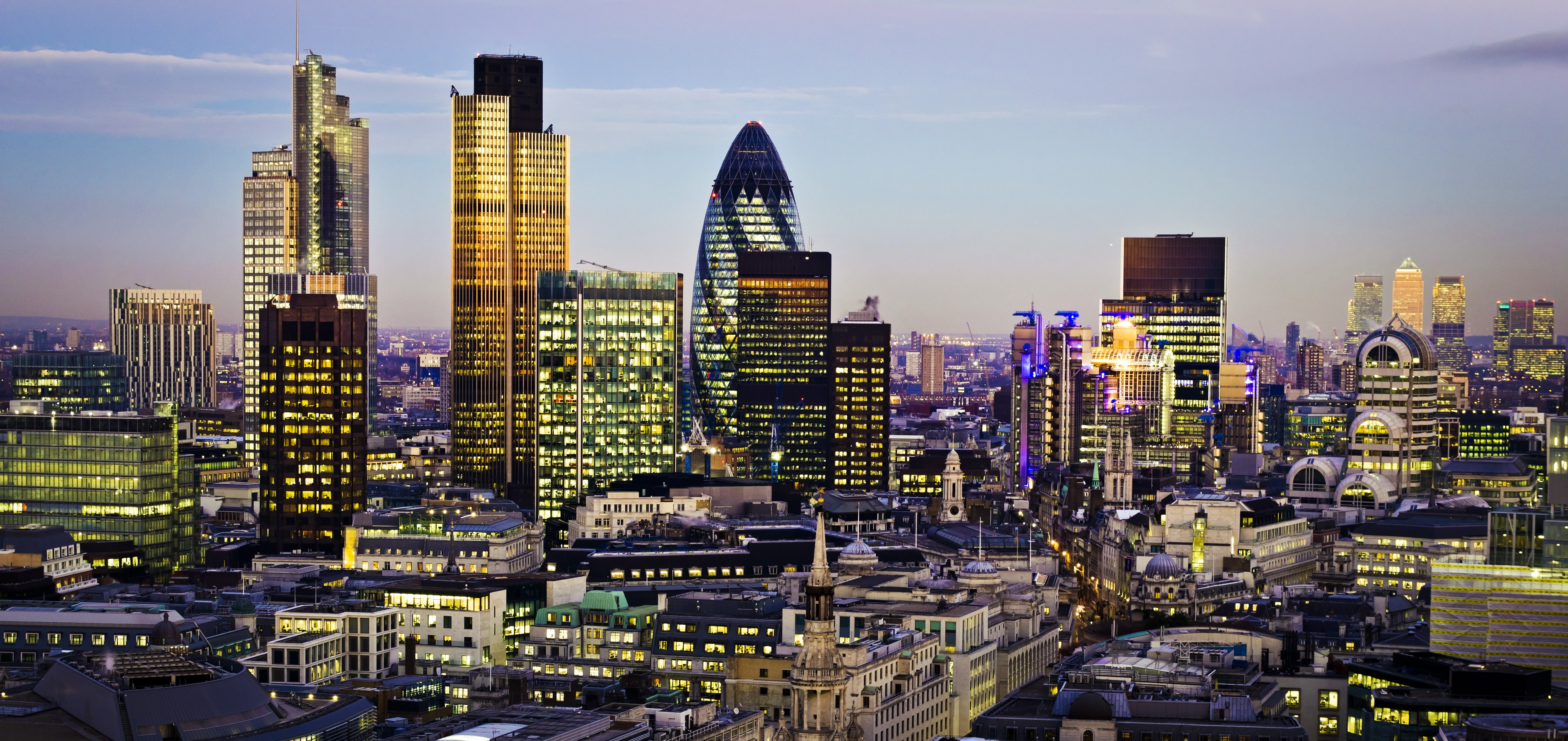 England, London, panorama, Great Britain, 30 St Mary Axe, lights, skyscrapers, UK, home, Canary Wharf, 5K, the city, Canada Square, the evening, building, HD Wallpaper