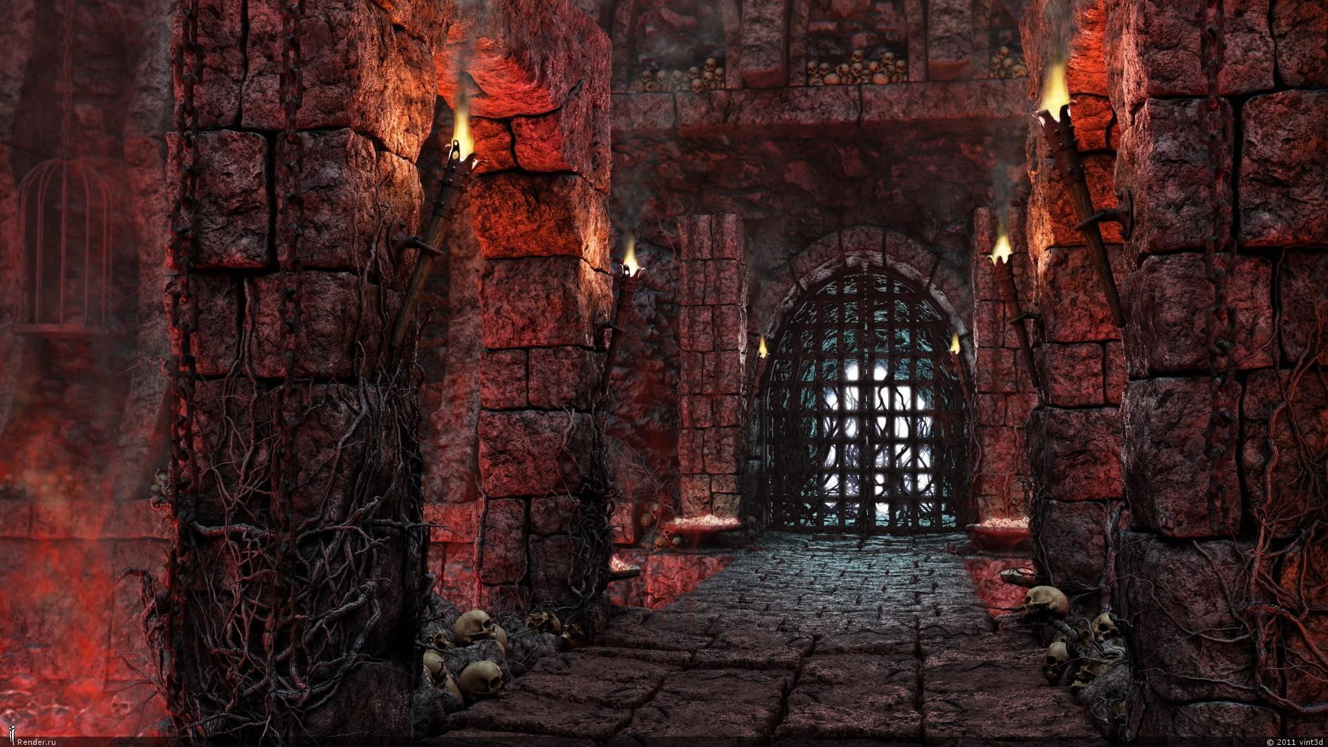 inside, walls, artistic, 3d and abstract, gothic, 1080P, fantasy, dark, skulls, HD Wallpaper