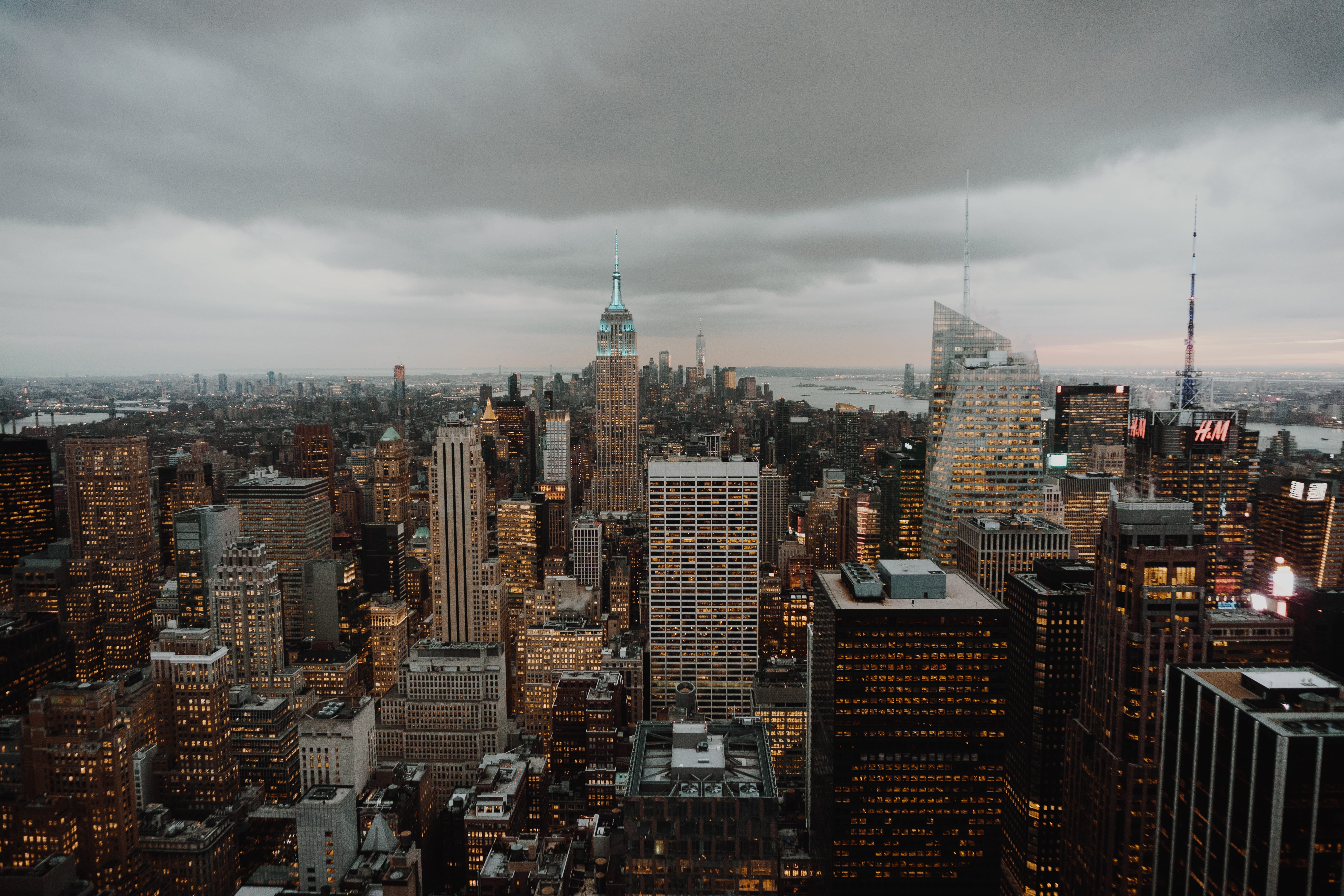 sky, financial district, crowd, skyline, tower, new york city, rise, high, aerial, storm, 5K, architecture, buildings, photograph, new york, tall - high, HD Wallpaper