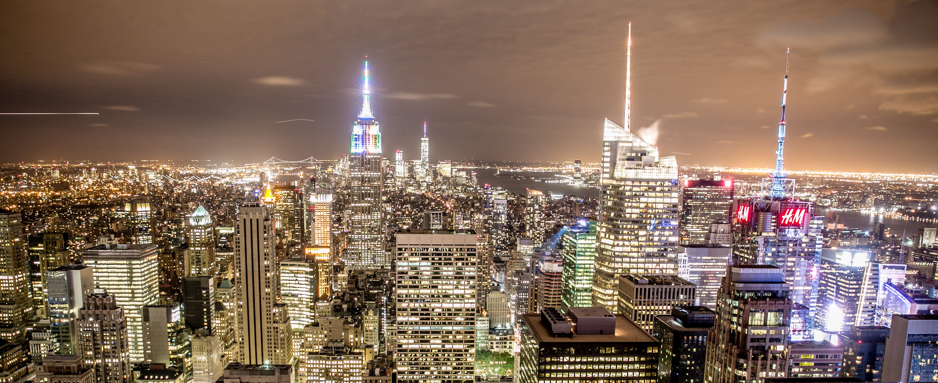 downtown, city lights, illuminated, tallest, skyscraper, nyc, skyscrapers, building exterior, scenic, night, cityscape, new york, skyline, modern, building, HD Wallpaper