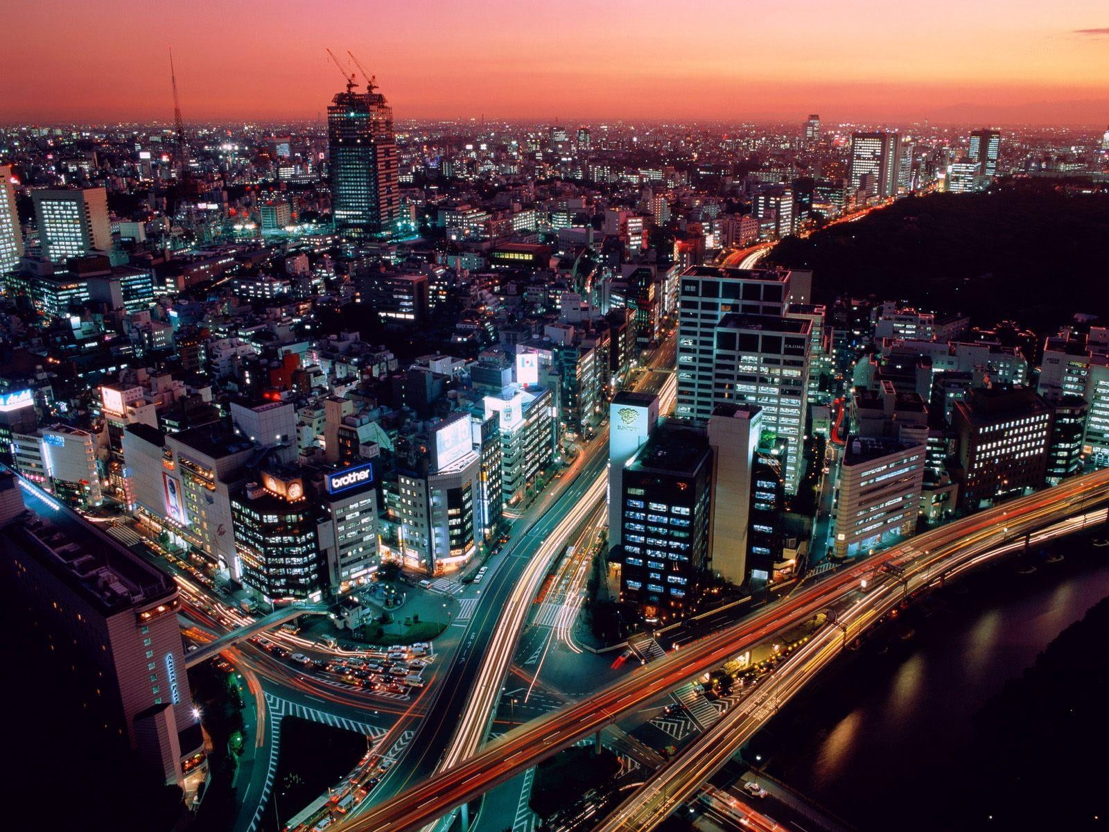 traffic, nature, highway, office building exterior, tokyo Prefecture, street Light, urban Skyline, travel Destinations, dusk, high Angle View, multiple lane highway, HD Wallpaper