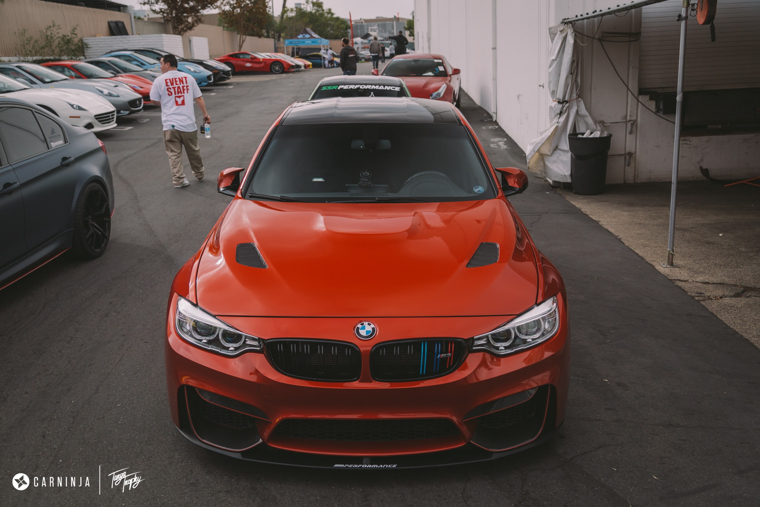 Carninja, mode of transportation, building exterior, text, car, day, road, stationary, security, BMW M4 Coupe, 2K, parking, red, city, transportation, HD Wallpaper