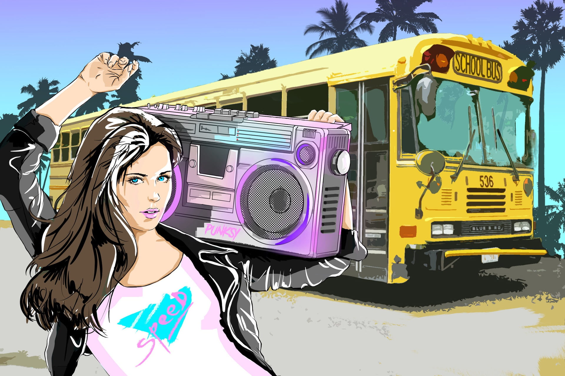 text, women, leisure activity, young women, Retrowave, artwork, art and craft, young adult, arts culture and entertainment, nature, buses, 1080P, land vehicle, HD Wallpaper