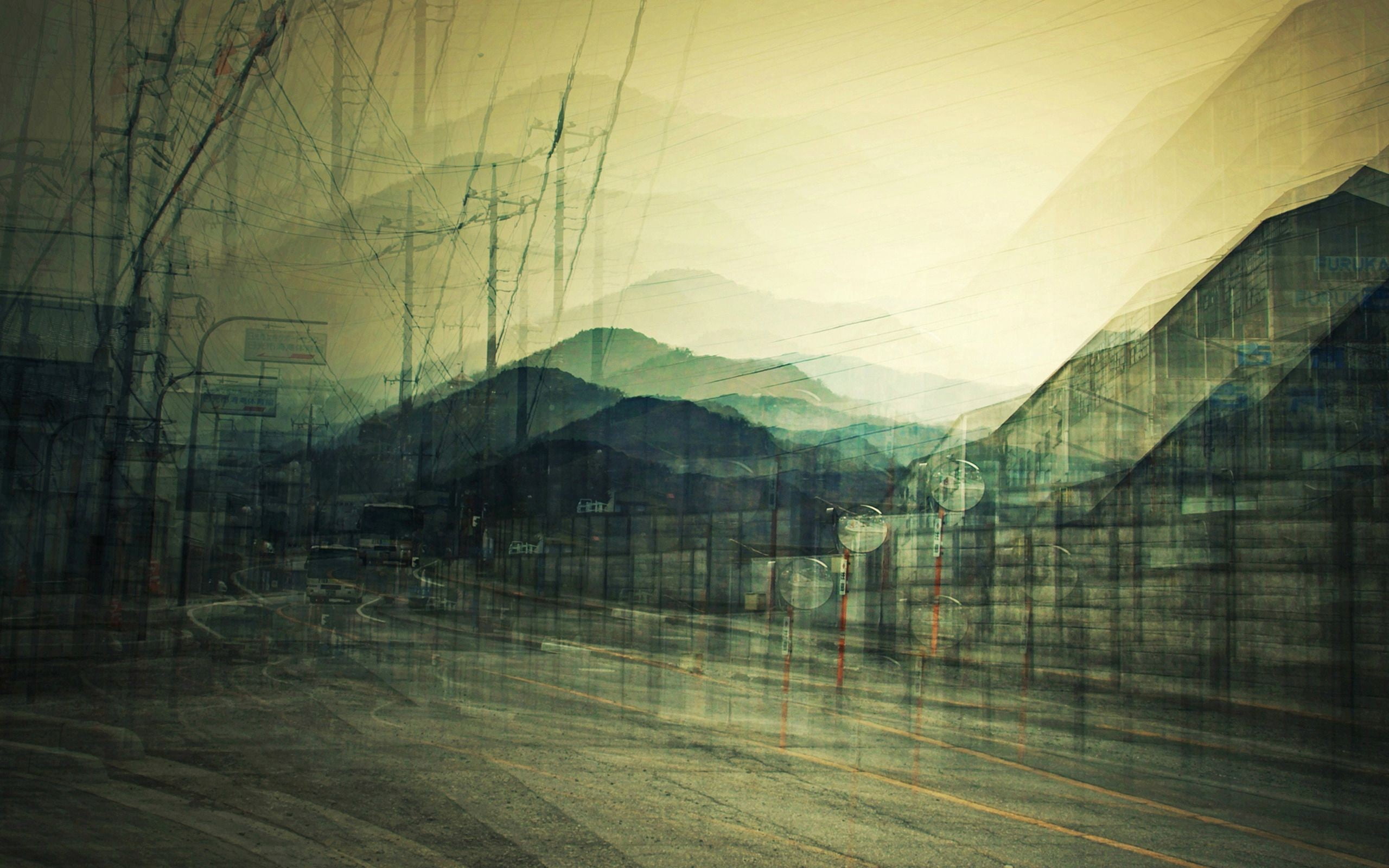 no people, building exterior, mountain, outdoors, abstract, city, 2K, day, urban, buses, digital art, sky, window, curtain, bird, backgrounds, cloud - sky, HD Wallpaper