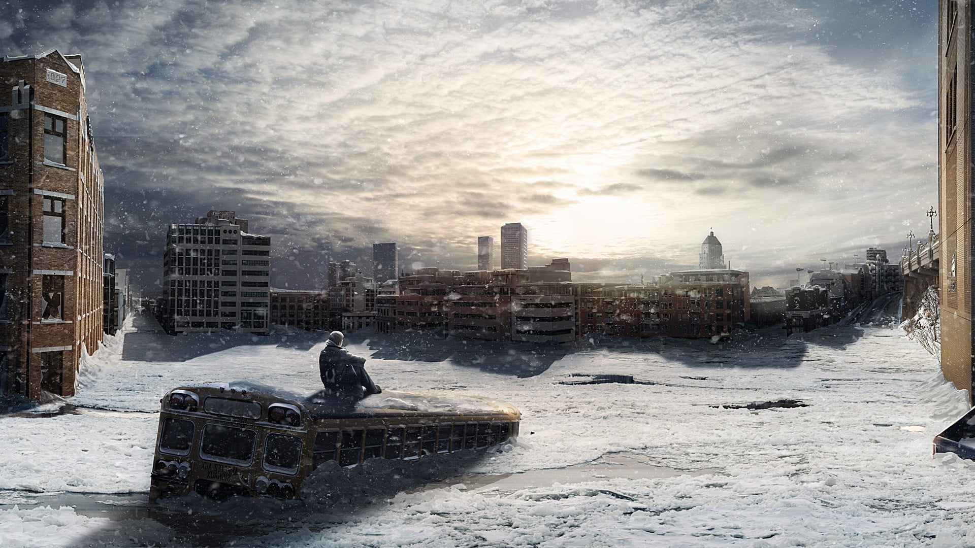 sitting, poster, desolation, 1080P, apocalyptic, man, snow, futuristic, digital art, bus, loneliness, winter, ruin, cityscape, buses, S.T.A.L.K.E.R., sky, HD Wallpaper